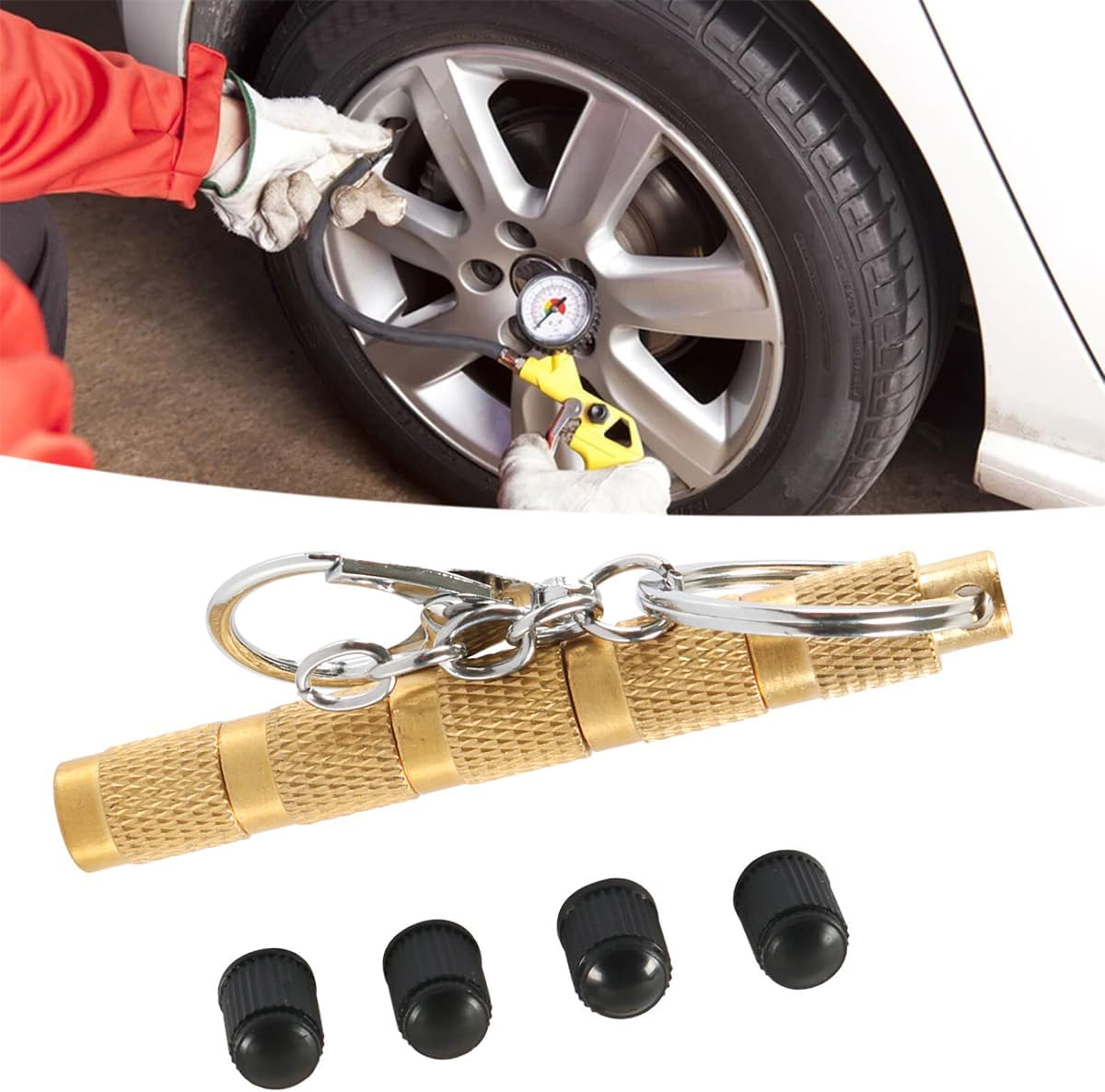 Mandark Car Tire Deflator Tool, 4 in 1 Brass Vehicle Air Pressure Deflation Valve Kit, Portable Automotive Tyre Relief Bleeder Set with Valve Caps Keychain, Universal for Offroad Vehicle
