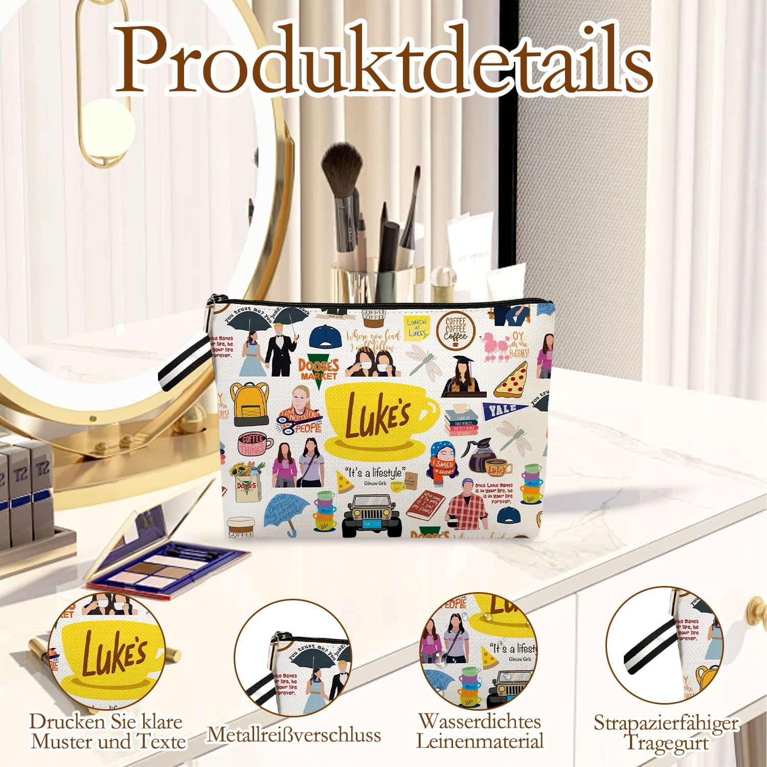 Gilmore Cosmetic Bag Gilmore Girls Fan Item Gifts for Gilmore Fans Luker'S Dinner Inspired Gifts Makeup Bag with Hand Strap Portable Toiletry Bag Women for Travel Everyday Life, Multicoloured, Stylish image number 2