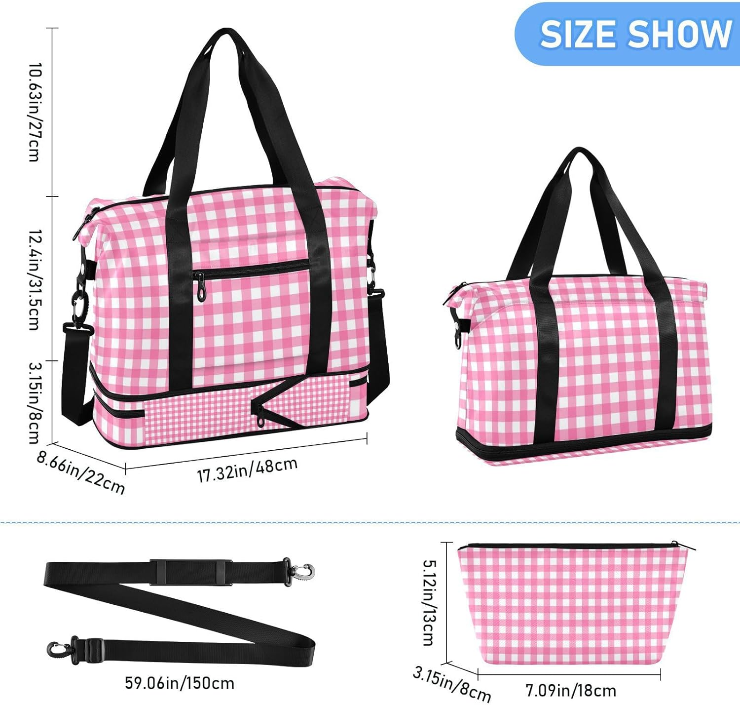 Pink and White Grid Large Bag Travel Weekender Gear Bag with Adjustable Strap for Business Trips Waterproof, Pink and White Grid, 1 Size image number 3