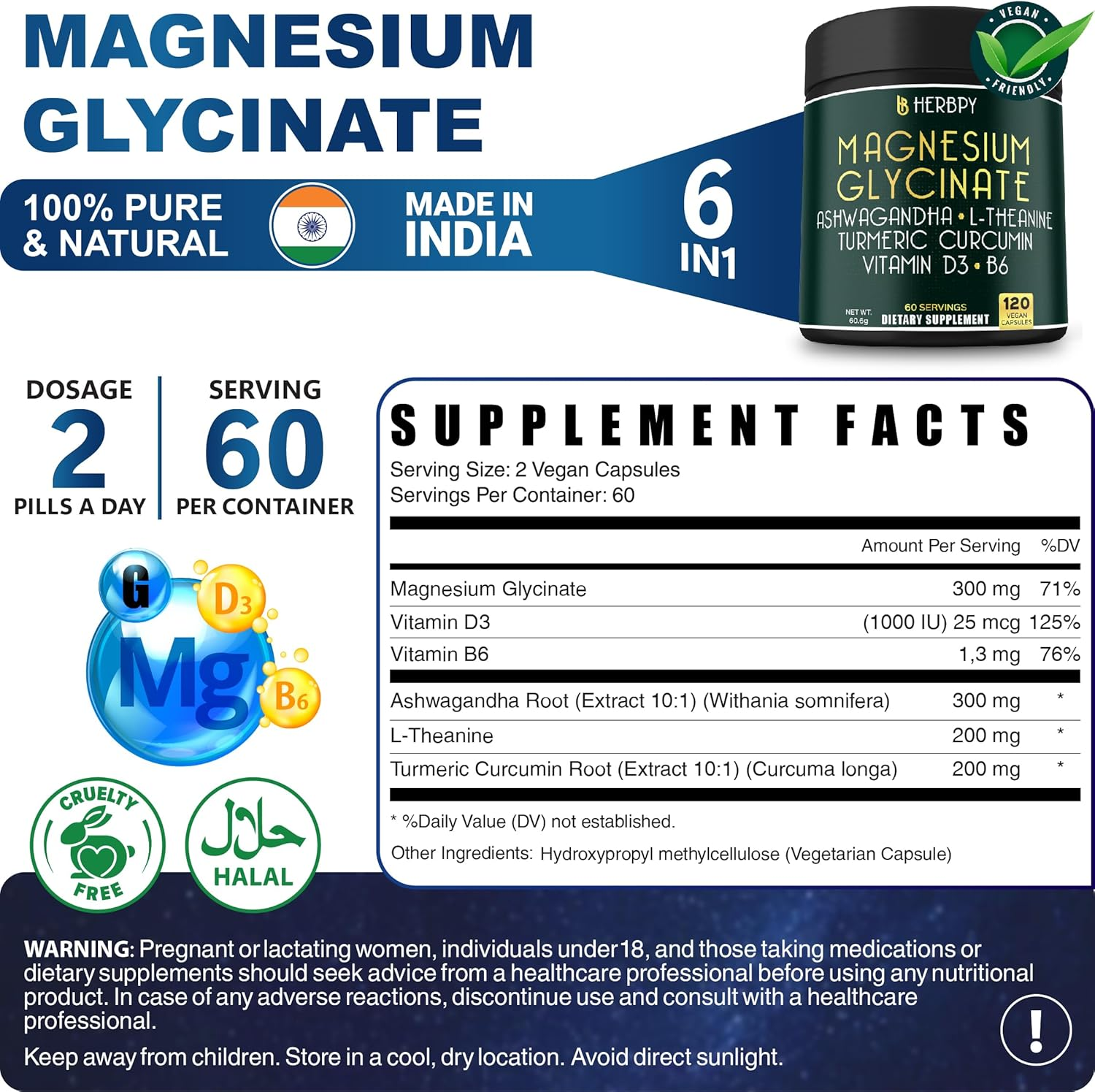 Herbpy 6In1 Restful Day and Night Supplement with Magnesium Glycinate, Vitamin D3, B6, L-Theanine, Ashwagandha and Turmeric Root - Brain, Heart and Digestive Health Support - 120 Vegan Capsules image number 2