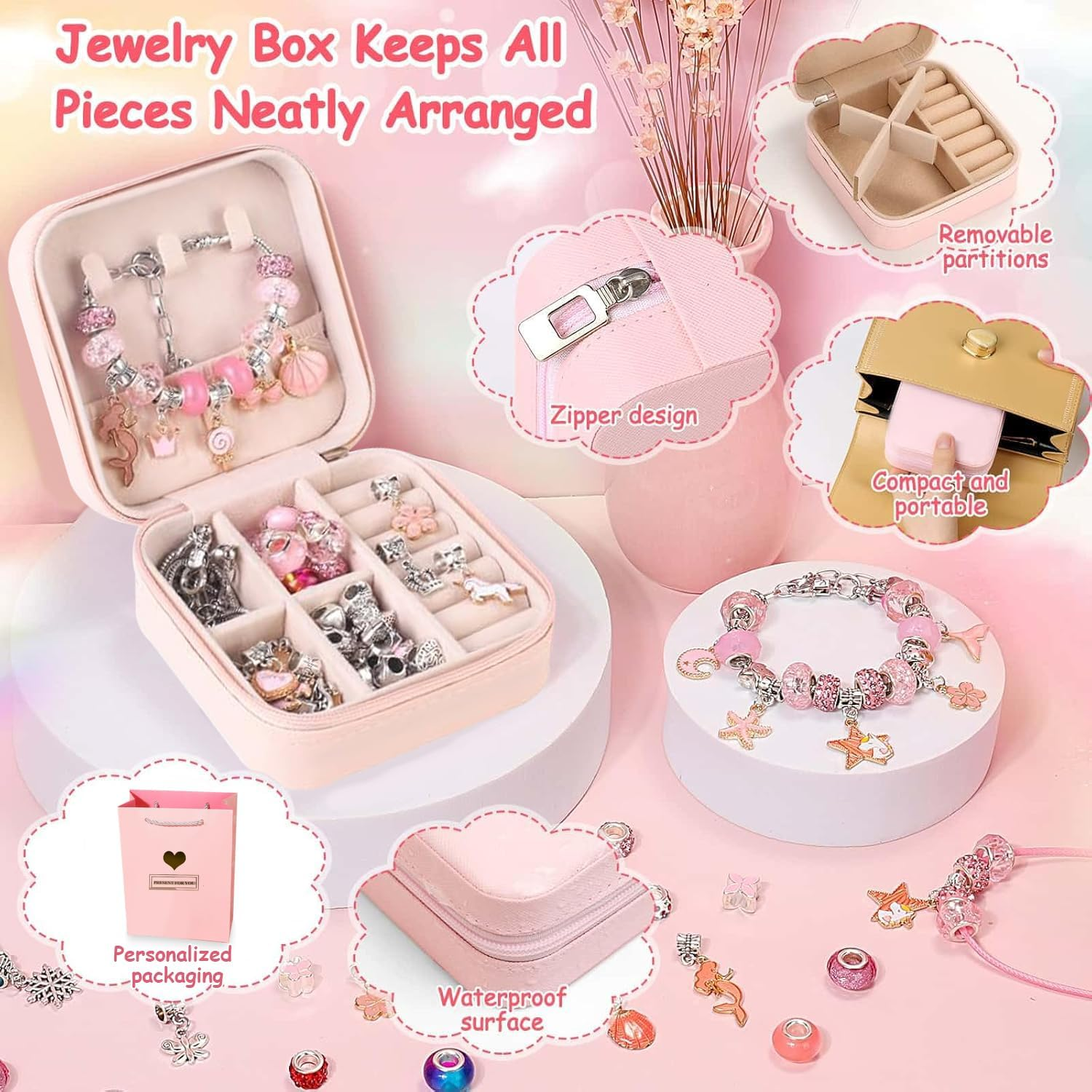 Charm Bracelet Making Kit for Girls, 68Pcs Charm Bracelets Kit with Jewelry Box, Jewelry Charms, Bracelets for DIY Craft, Jewelry Gift Adults and Kids, Present for 8-12 Year Old Girl Colorful (Pink) - Pink image number 3