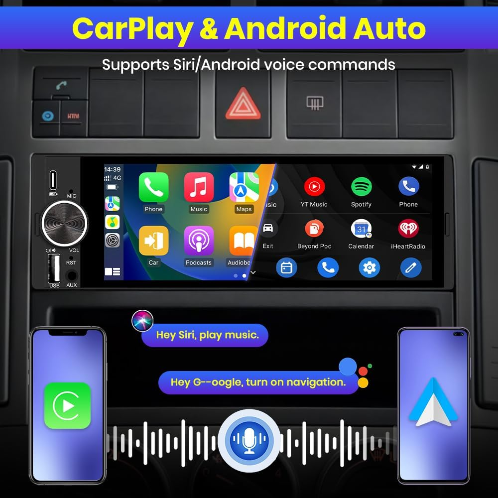Junsun Single DIN Car Stereo with Carplay and Android Auto, Radio 1 Din with Reversing Camera FM AM RDS Type-C USB Port Function image number 1