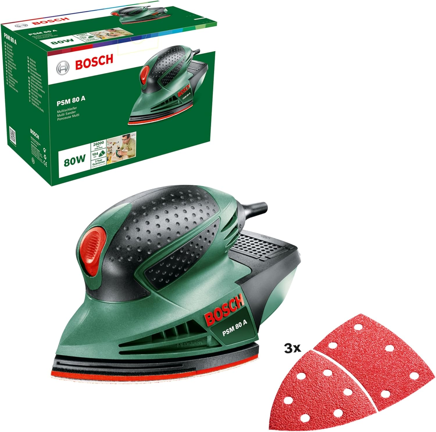 Bosch Home & Garden 80W Electric Multi Detail Palm Sander Kit, Includes 3 X Sanding Sheets (PSM 80A). Made in Europe image number 5