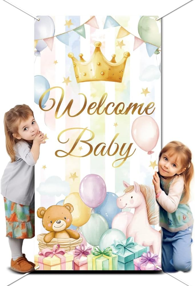 WADORN Welcome Newborn Backdrop, Newborn Shower Party Backdrop Decor Large Fabric Birthday Party Photo Banner Photography Background Photo Booth Props for Gender Revel Party 35.43X70.87 Inch image number 6