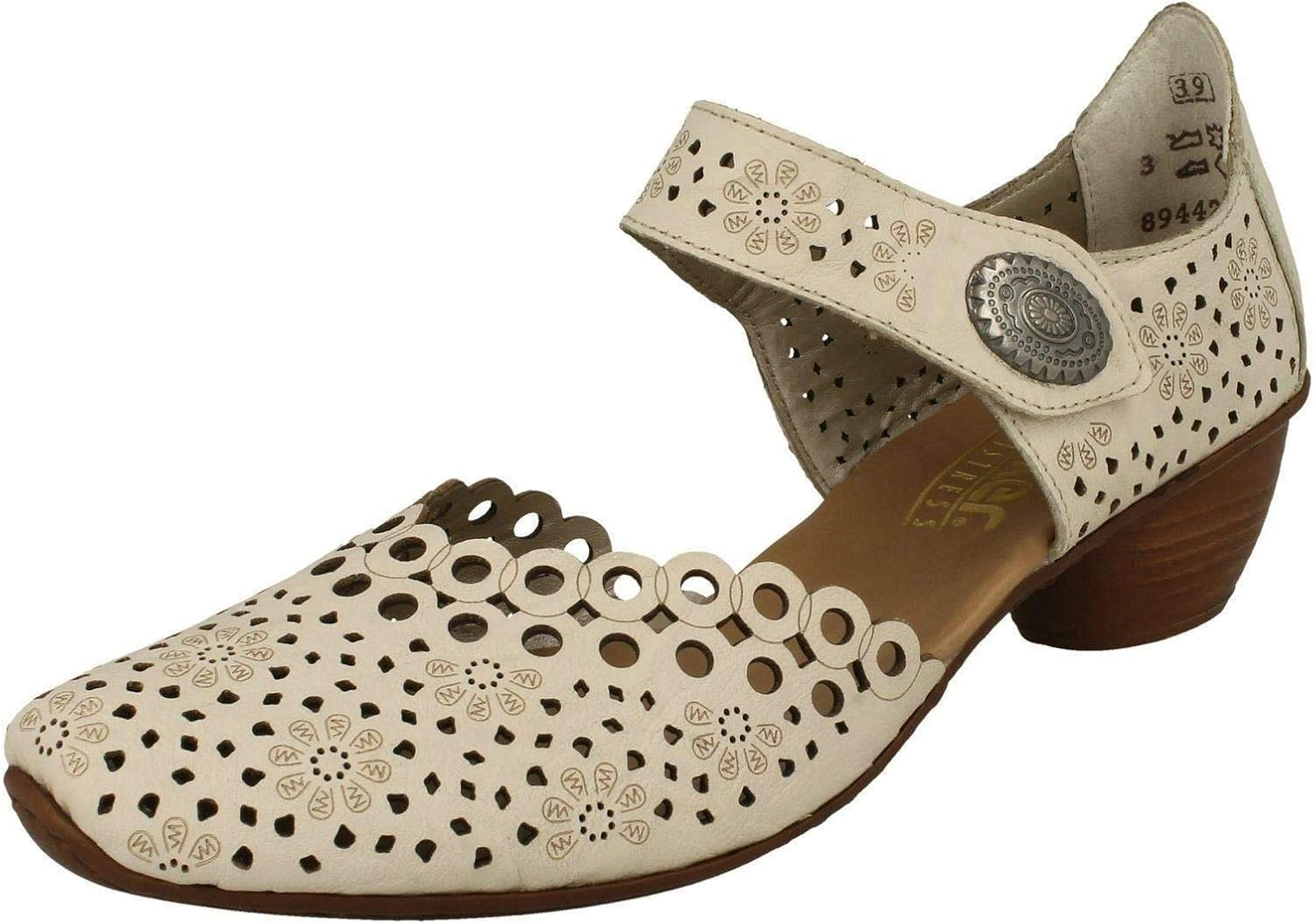 Rieker 43753 Mirjam Women'S Mary Jane Heels - Low-Heel Leather Shoes with Adjustable Ankle Strap & Laser-Cut Design - Comfortable Women&rsquo;S Heels for Casual & Dressy Wear
