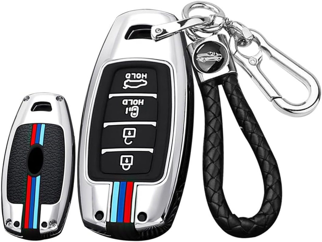 Ontto Metal Car Key Fob Cover Fit for Hyundai I30 Ix35 Kona Elantra Solaris Azera Accent Palisade Santa Fe Remote Key Case Keyring Silicone Key Shell Holder Bag Keychain Accessories 4 Button-C Silver - 3 Buttons-Silver image number 3