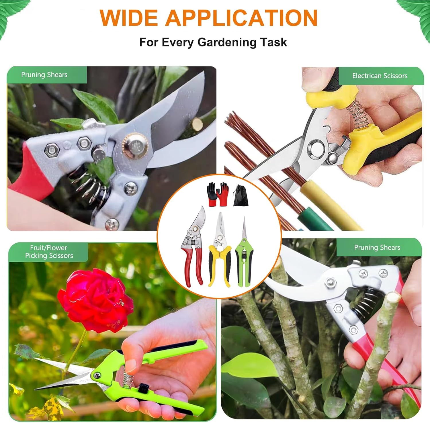 5 Pack Garden Shears Set with High-Carbon Steel Sharp Pruning Shears, Straight Fruit Picking Scissors and Serrated Electrican Scissors, Gardening Gloves & a Storage Bag image number 4