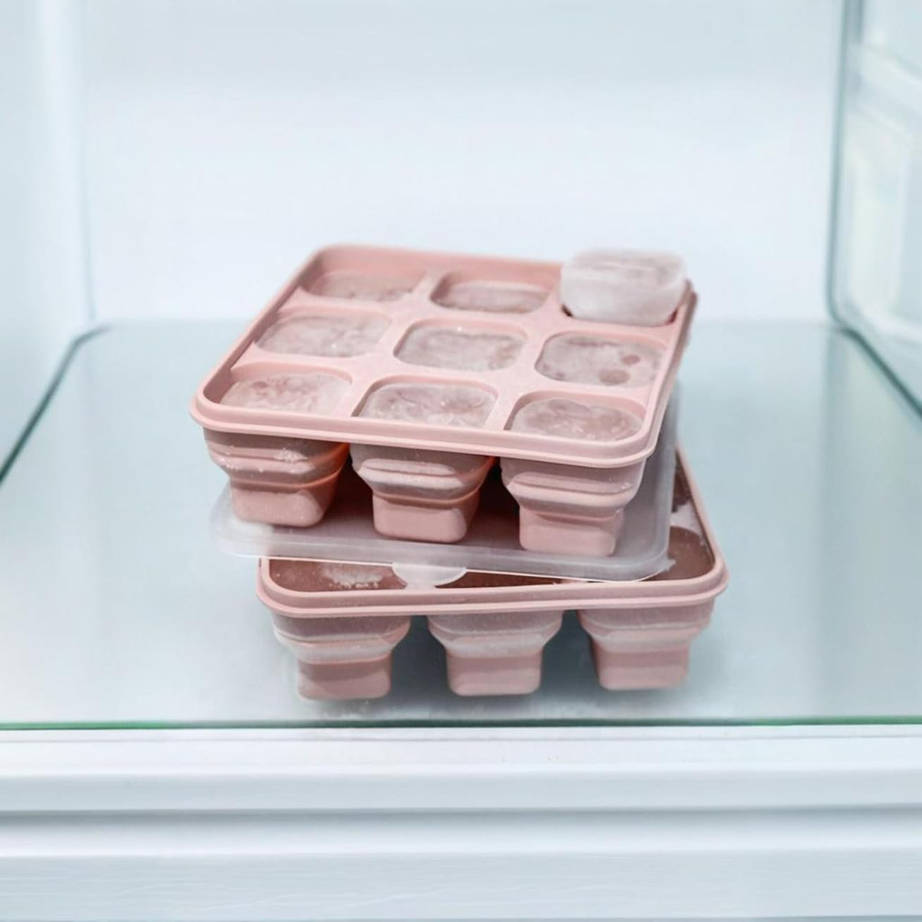 Foldable Silicone Ice Cube Trays with Lids - 3 Pack, Bpa-Free Stackable Ice Trays for Freezer, 27 Large Cubes for Cocktails, Baby Food & Coffee (Pink/Green/Blue) image number 3