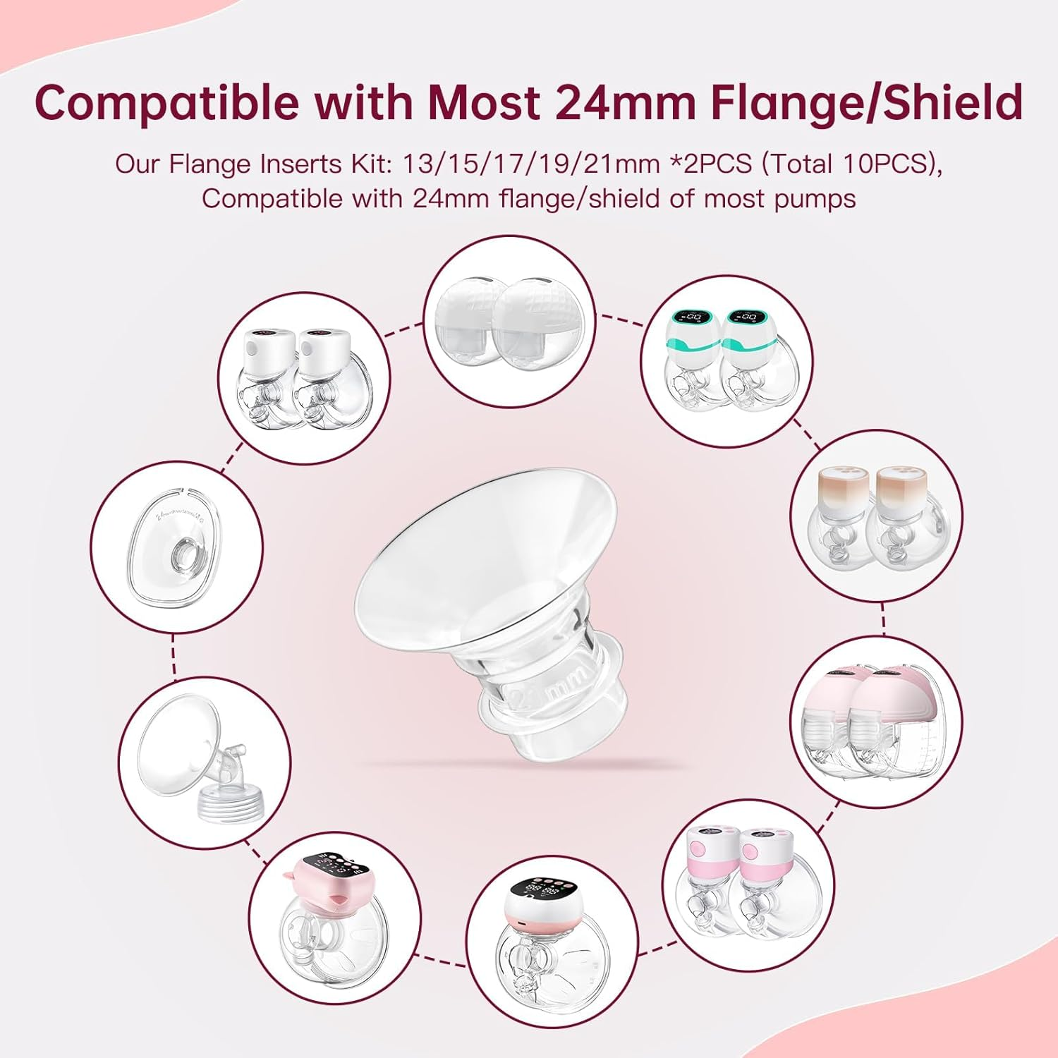 13PCS Flange Sizing Kit 13/15/17/19/21Mm with Nipple Measurement Card & Cleaning Brush, Silicone Flange Inserts for 24Mm Breast Pump Shields/Pumps Accessories image number 5