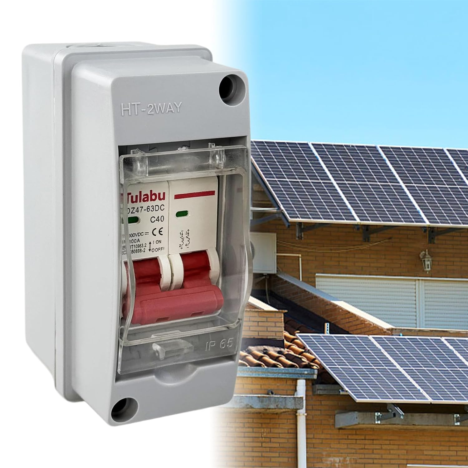 Solar Panel Disconnect Switch, Solar Circuit Breaker Box Outdoor Miniature Circuit Breaker IP65 Waterproof for PV Homes Battery (1000V 40A) image number 4