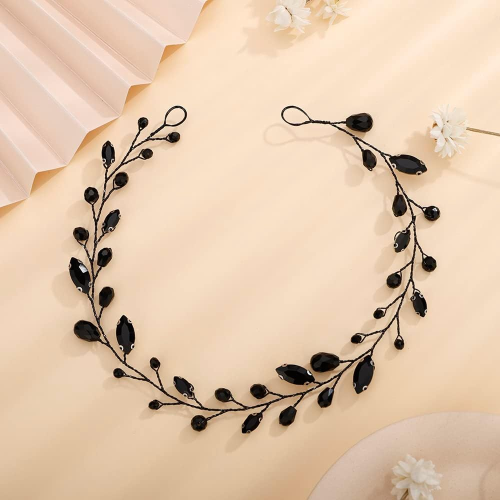 Teyglen Bridal Rhinestone Crystal Hair Vine - Handmade Long Black Rhinestones Headband for Brides, Vintage Headpieces for Women, Party Prom Birthday (Black) image number 2
