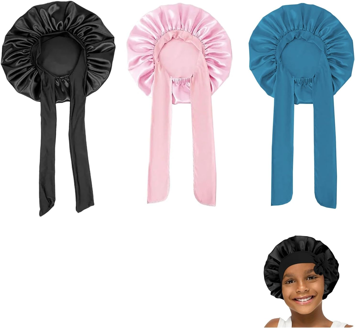 3 Pack Kids Satin Bonnet for Sleeping Baby Hair Bonnets for Curly Hair Girls Boys, Silk like Sleep Cap with Wide Elastic Band, Toddler to Teen Pink, Black, Light Blue image number 2