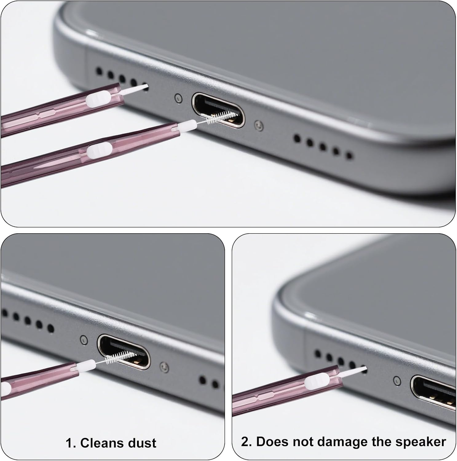 30Pcs Phone Cleaning Brushes, Bristles & Hook Double-Sided Mini Cleaning Brush Kit Anti-Clogging Charging Port USB C Cleaner for Most Mobile Phone (Purple)