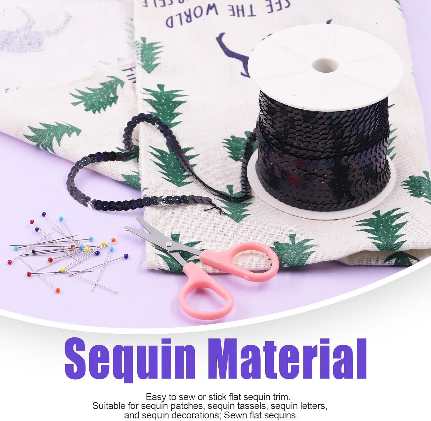 Swpeet 6Mm 100 Yard Black Flat Sequin Strip Teal Sequins Trim Paillette on a Roll and Map Push Pins with Scissors Assortment Kit, Fabric Metallic Stretch Teal Sequin Elastic Trim Embellishments image number 2