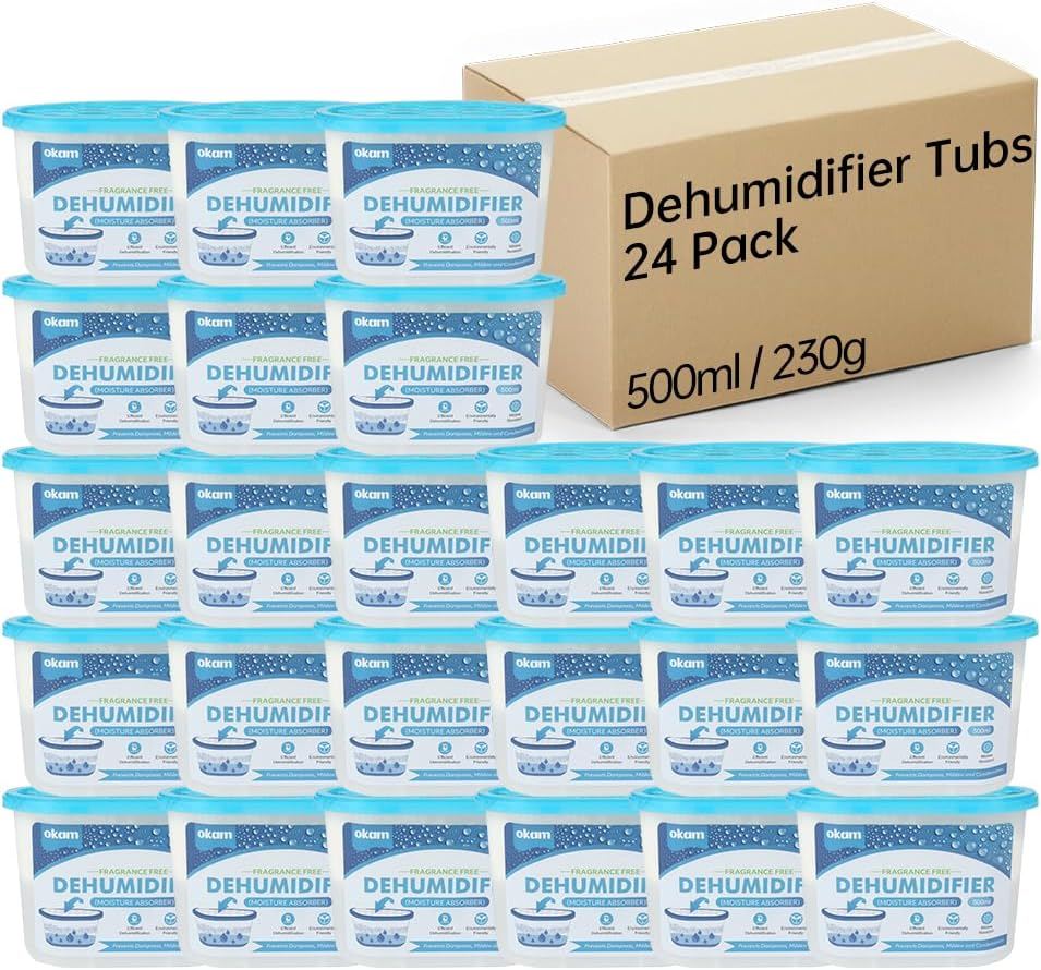 OKAM Moisture Absorber Tubs 24-Pack - Unscented Dehumidifier 500Ml for Bathroom, Wardrobe, Kitchen, Laundry, Closet, and Cupboard - Mould & Humidity Absorber - Portable Dehumidifier Moisture Absorber image number 6