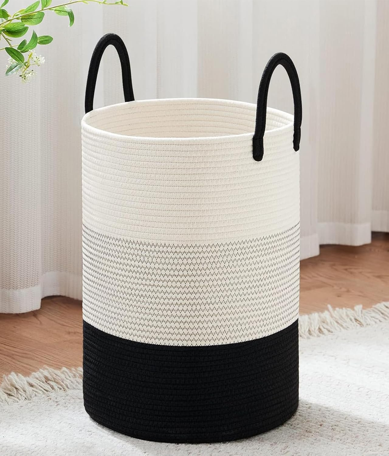 Large Laundry Hamper, Tall Woven Laundry Basket for Blanketfor Toys, Dirty Clothes in Living Rooms, Bathrooms, and Bedrooms; Measures 38&times;50Cm (White and Linen Colors)