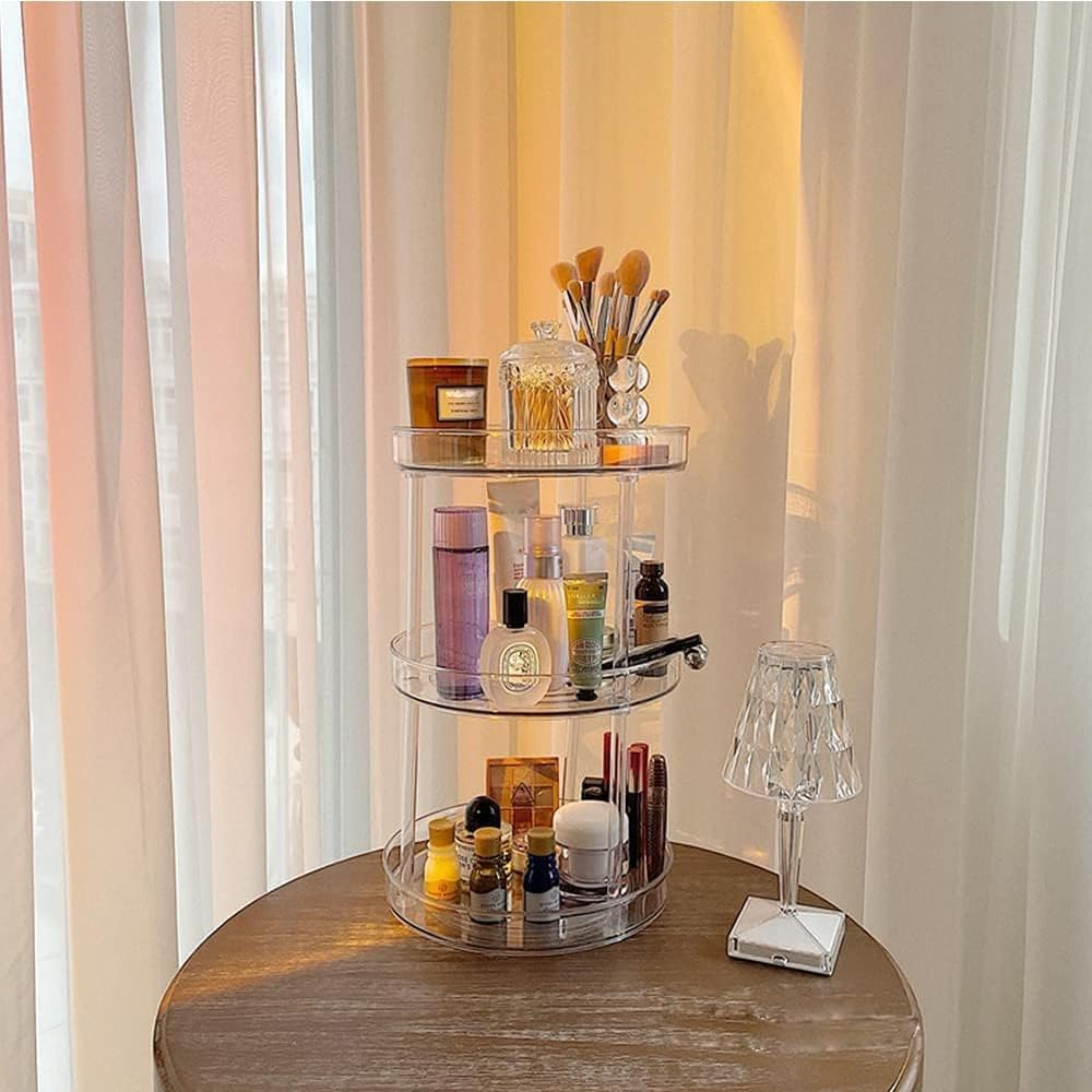 ROWNYEON 360 Rotating Makeup Organiser 3 Tier Skincare Organizer Large Capacity Spinning Organizer Carousel Cosmetic Storage Shelf Makeup Stand for Perfume,Bathroom,Bedroom,Toiletry Organiser image number 5