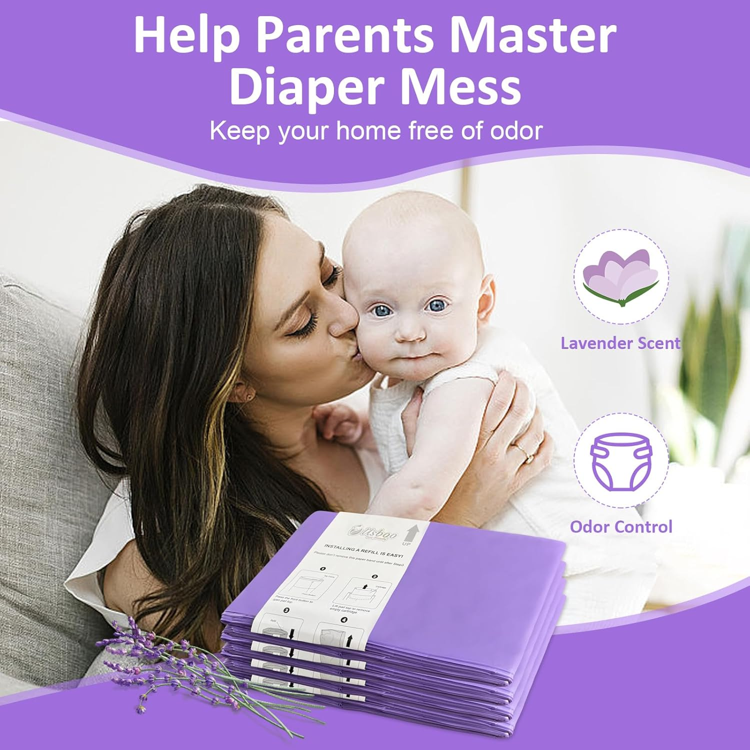 Refills Compatible with Dekor plus Diaper Pail,4 Pack Disposable Diaper Pail Refills, Easy to Replace and Dispose Diaper Trash Bags, Holds up to 2320 Diapers,Lavender Scent image number 1