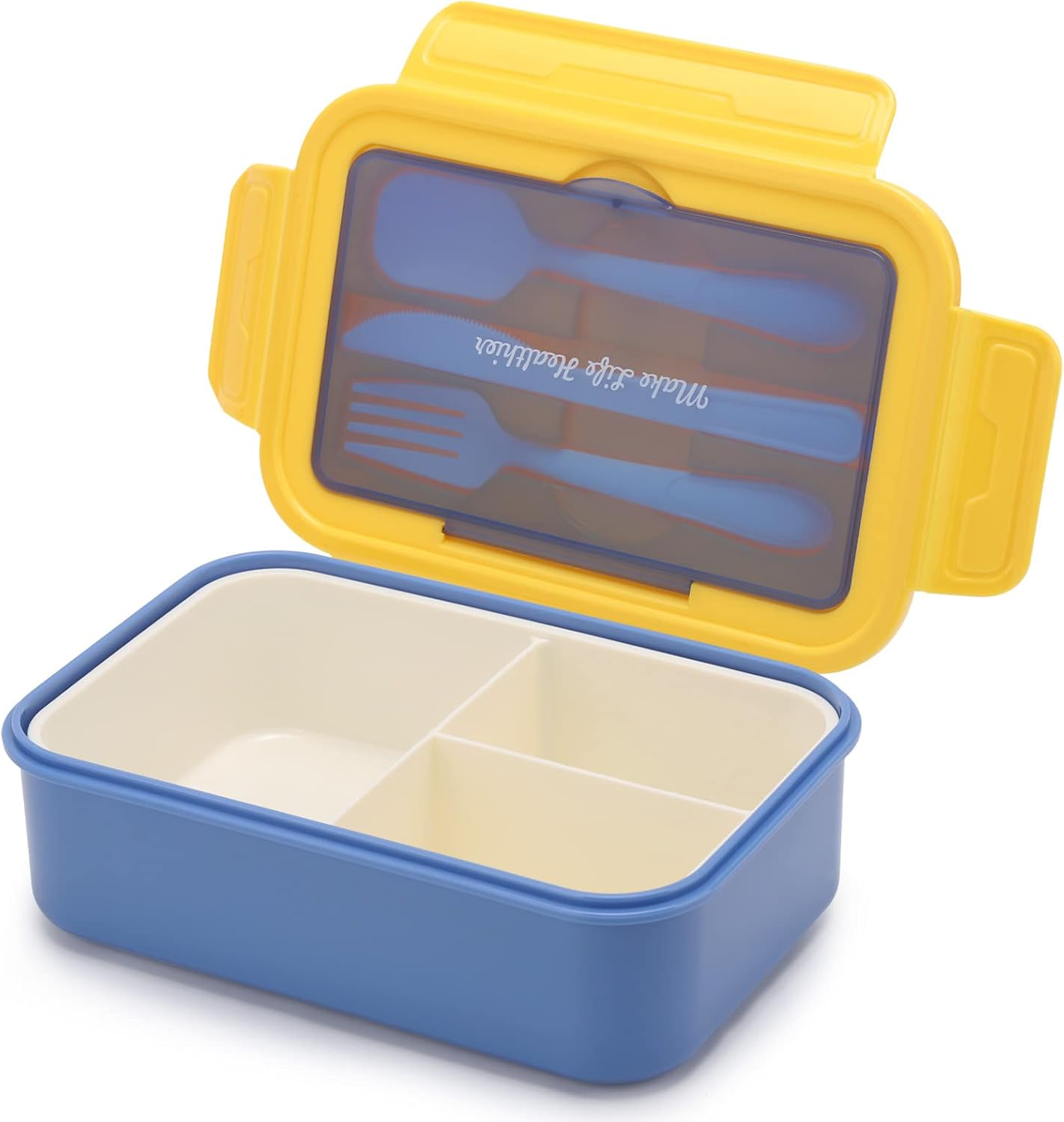 1100 ML 3-Compartment Bento Box Lunchbox with Utensil Set, Lunch Box Containers for Kids and Adults, Microwave/Dishwasher/Refrigerator Safe, BPA Free - Blue