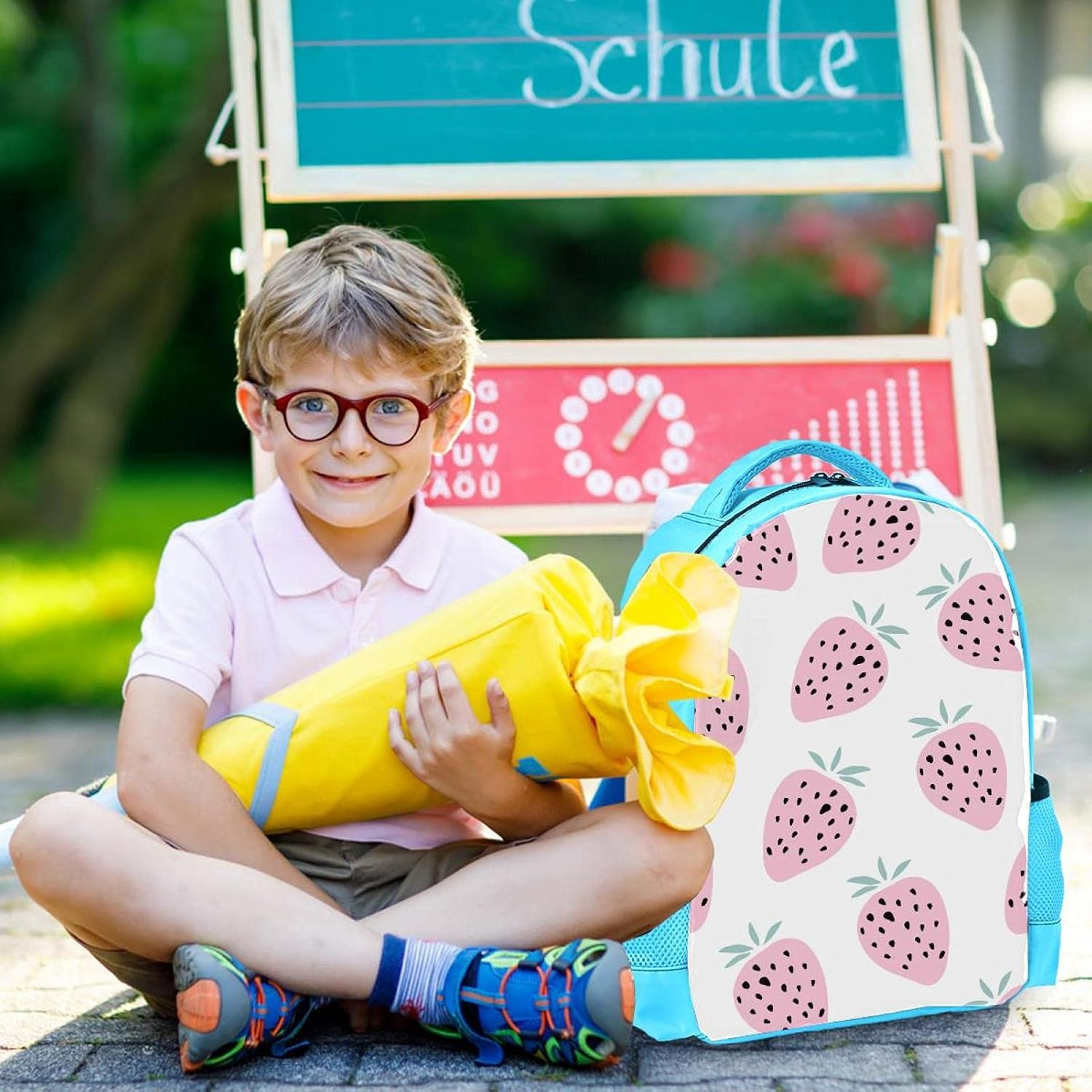 Blue Backpack Boy Bookbags Rucksack Men Travel Handbag Daypack Pink Summer Fruit Strawberry image number 2