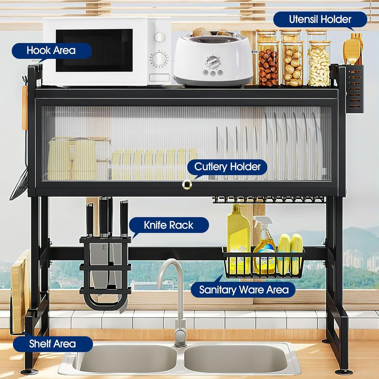 3 Tier over Sink Dish Rack Steel Dish Drainer Dish Drying Rack with Lid Kitchen Counter Storage Organization Adjustable Length 90-95Cm image number 1