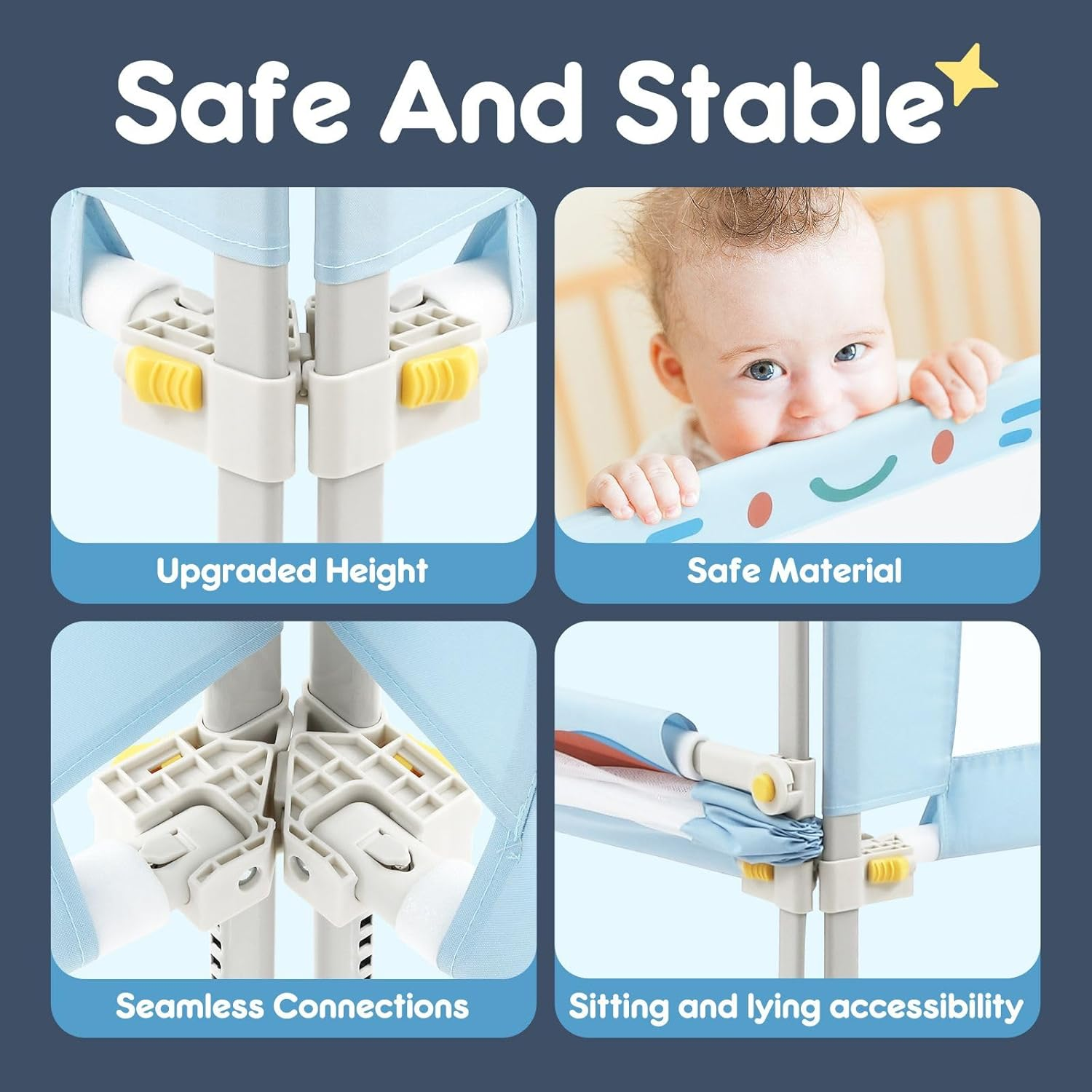 KIDBOT 3Pcs Kids Bed Rail Guard Queen Size,Baby Toddler Side Safety Guard Barrier,Adjustable Child Cot Fence Baby Fall Protection Fabric Double Lock Smurfs,150X100Cm*1Pcs & 200X100Cm*2Pcs image number 4