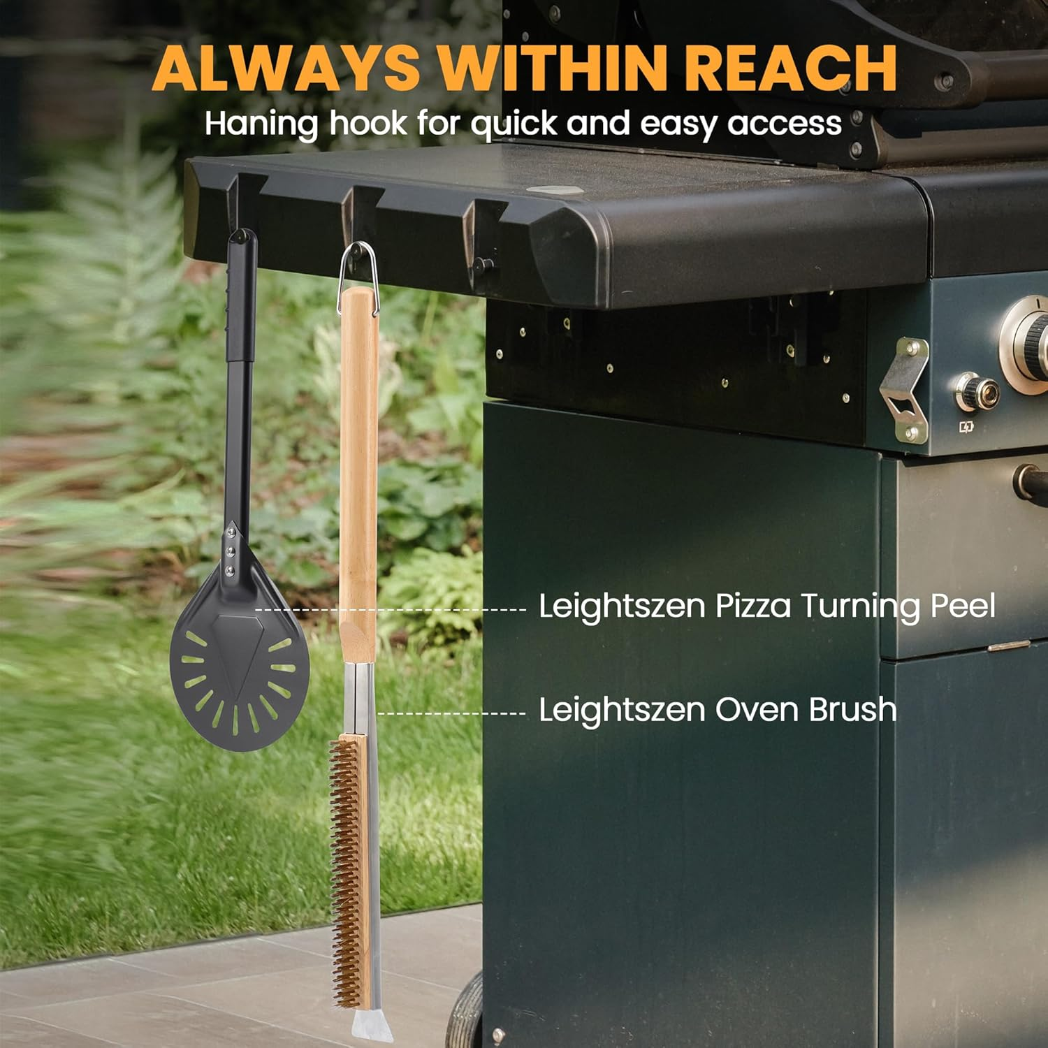 21'' Pizza Oven Brush with Stainless Steel Stone Scraper - Brass Bristles - Wood Handle - Hanging Ring - Outdoor Pizza Oven Accessories - Compatible with Ooni, Gozney, Blackstone, Solo Stove Ovens image number 3