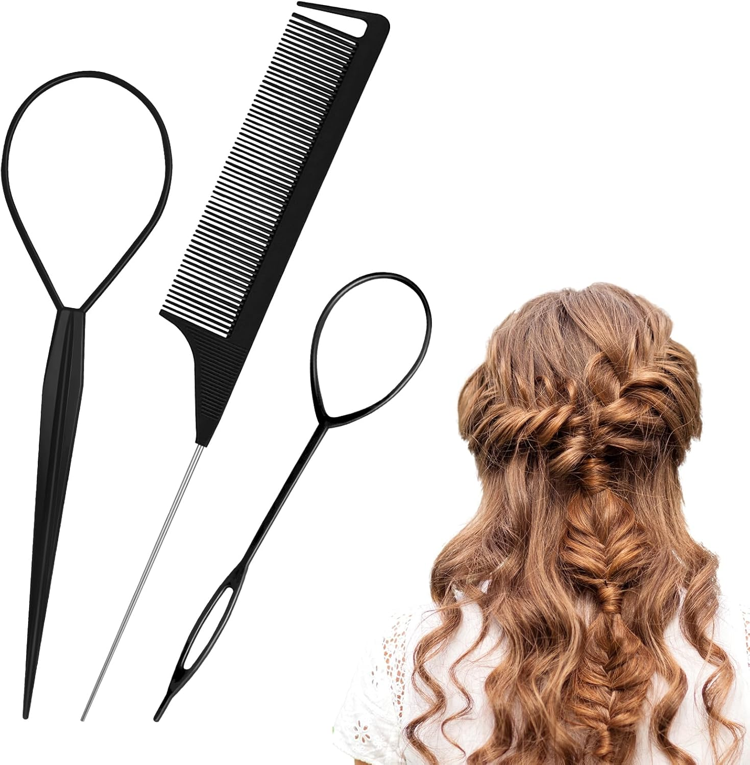 Wosyoodo Topsy Tail Hair Tool, Pink Hair Loop Pull through Tool, French Braid Loop Tool with Rat Tail Comb, Hair Braiding Tool for Making Women and Girls Hair Style