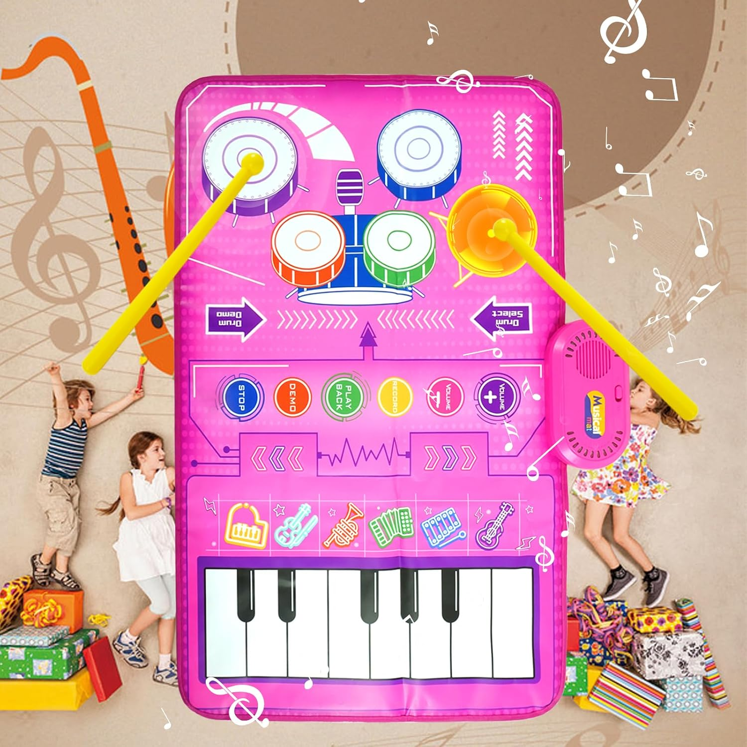 Musical Toys for Toddlers 3+ Piano Keyboard & Drum Mat, Music Sensory Play Mat Baby Toys for 3 Year Old Developmental Toddler Girl Toy Age 3+ Birthday Valentines Gifts for 3+ Year Old Girls Present image number 5