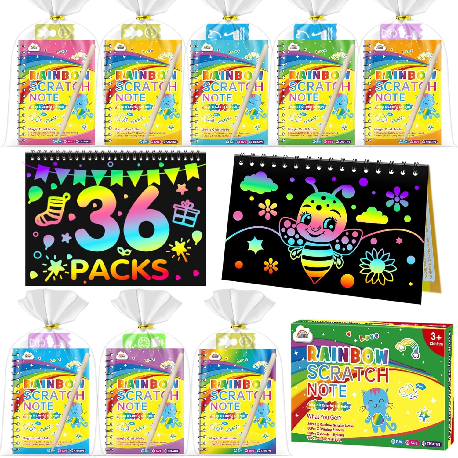 ZMLM Rainbow Scratch Party Favors Kids: Birthday Gifts Toy Bulk Scratch Art Notebook 36 Pack Scratch Paper Birthday Party Favor Girls Boys Art Craft Kit Scratch Pads Classroom Prizes image number 4