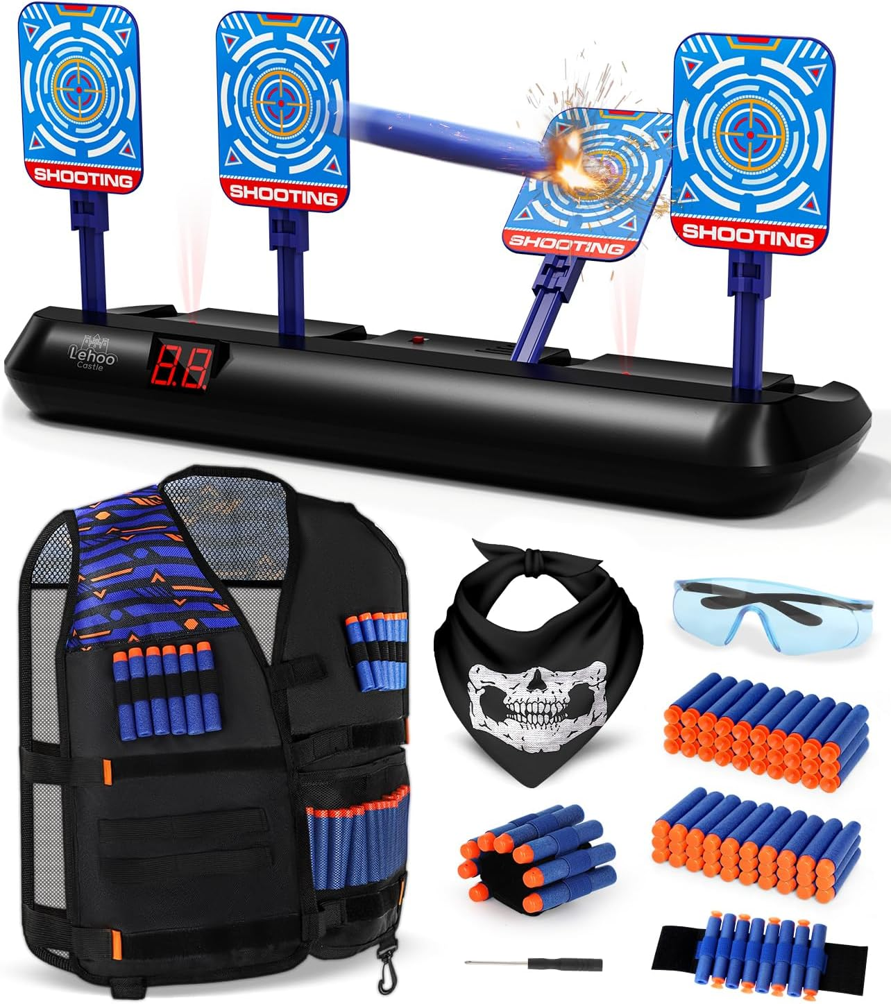 Lehoo Castle Electronic Shooting Target for Nerf Gun Foam, Digital Target 4 Dart, Tactical Vest Kit for Boys and Girls