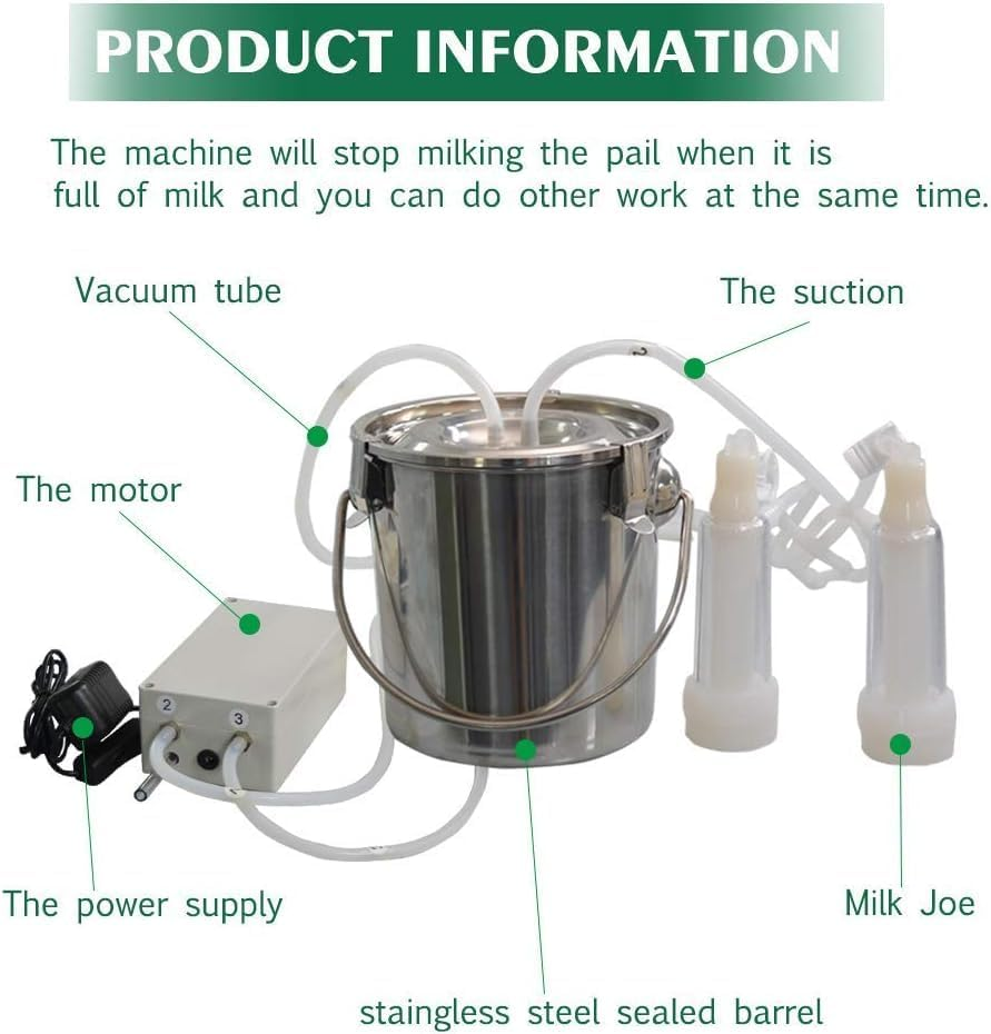 3L Goat Milking Machine,Pulsation Vacuum Electric Milker,Portable Automatic Breast Pump with 2 Teat Cups Stainless Steel Bucket for Goats(3L) image number 2
