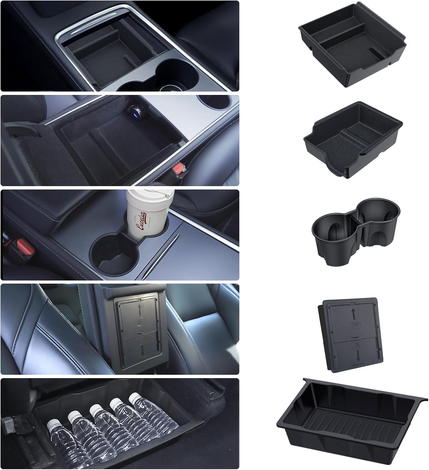 Center Console Organizer Tray 5PCS for Tesla Model Y Accessories 2024 2023 2022 2021 2020, Armrest Storage Tray and Hidden Storage Box, Cup Holder Insert, under Seat Storage Box