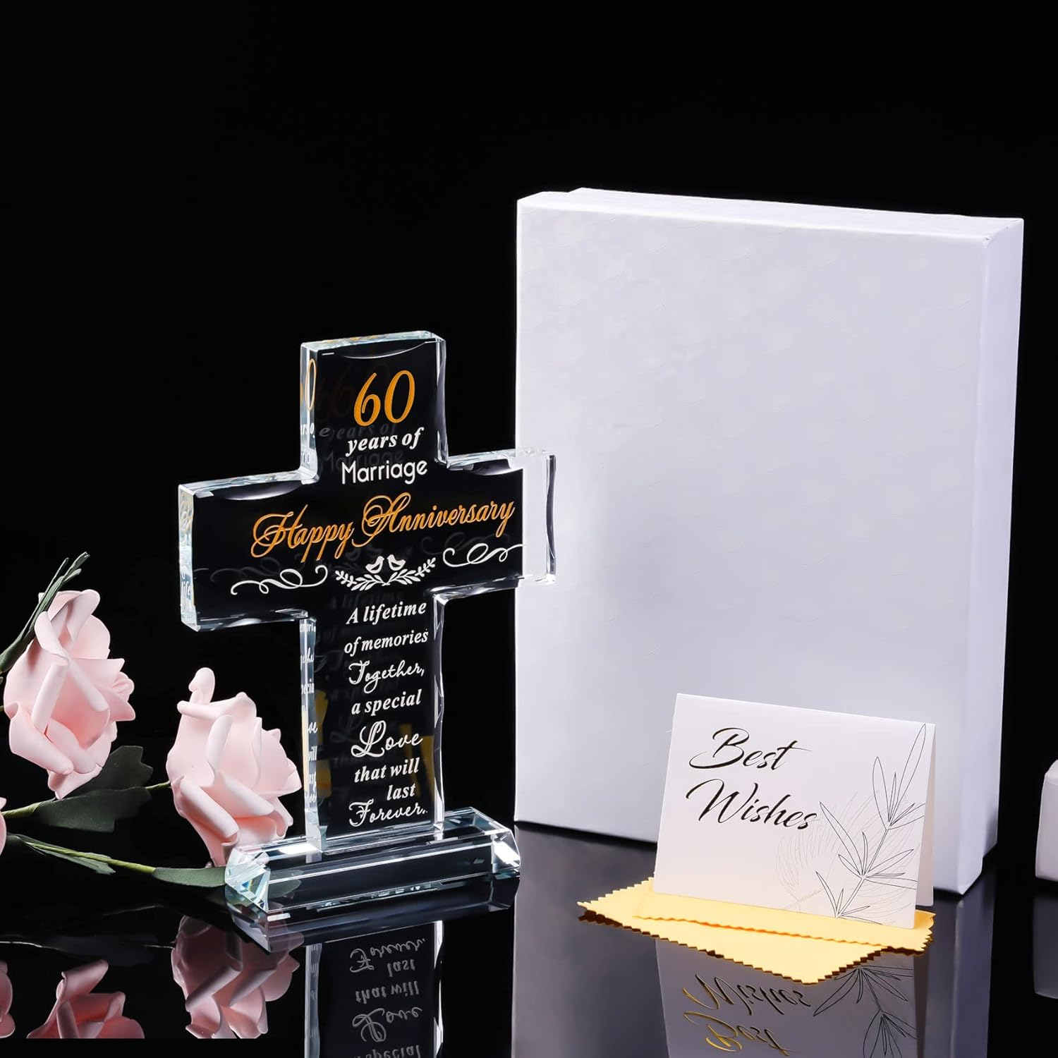 YWHL 60Th Anniversary Cross Gifts for Couple Parents, 60 Years Wedding Anniversary Keepsake for Him Her, Laser Carved 60 Years of Marriage Glass Cross Decoration image number 5