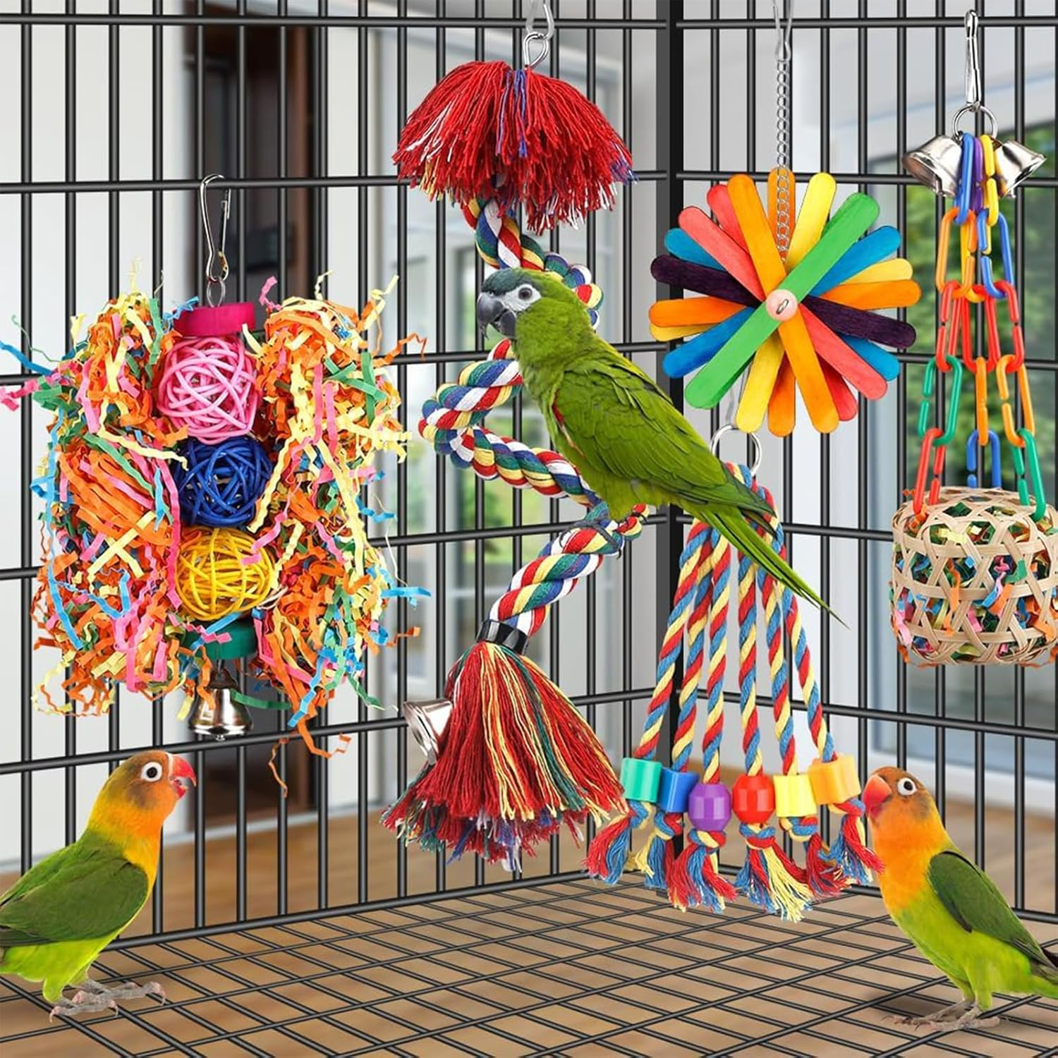 Cozioz Bird Rope Perch with Bell &ndash; Colorful Chewing, Shredding & Foraging Toys for Parakeets, Parrots, Conures, Cockatiels, Budgies & Lovebirds &ndash; Bird Cage Accessories image number 3