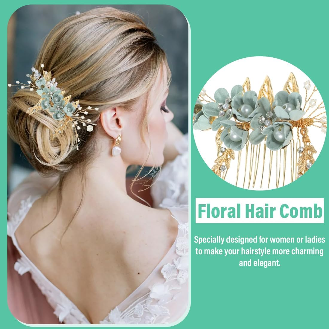 MIRKUZI Hair Combs 1 Piece Green Hair Comb Clip Green Hair Accessories Wedding Bridal Hair Comb with Flowers and Crystals Elegant Headpiece for Brides and Special Occasions image number 2