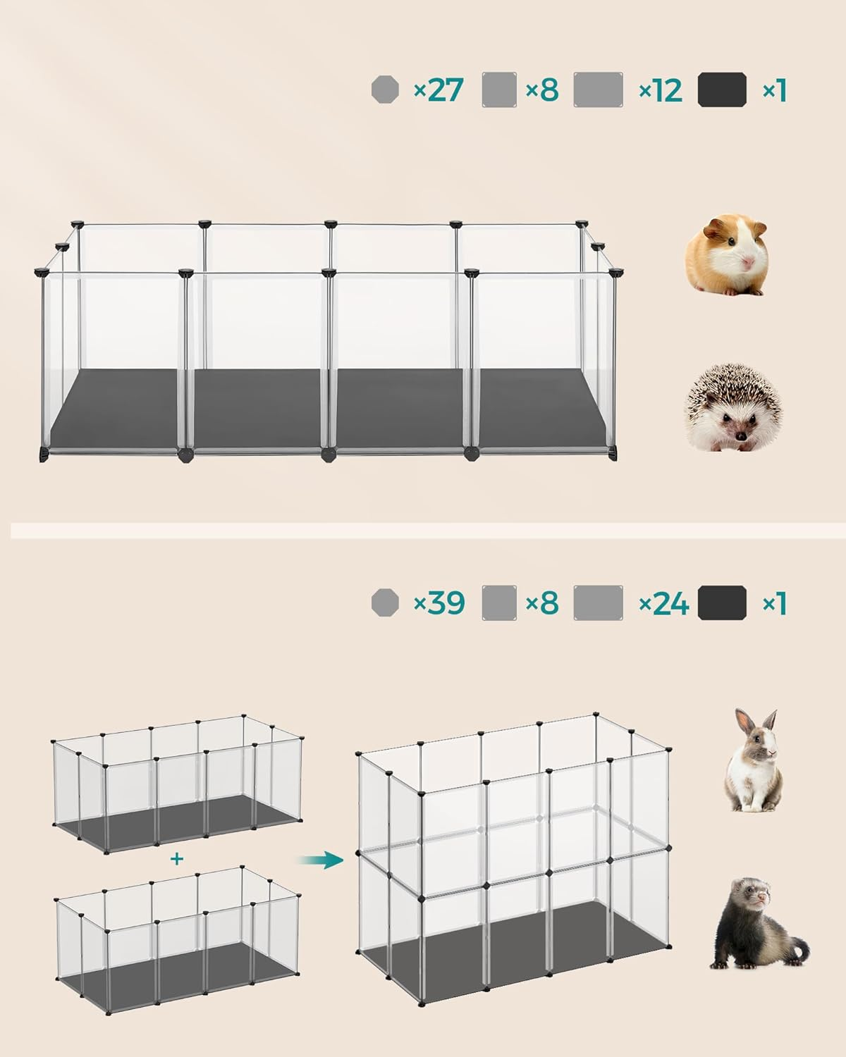 SONGMICS Pet Playpen with Waterproof and Removable Floor and Mat, Small Animal Fence, for Hamsters, Rabbits, Hedgehogs, Guinea Pigs, 143 X 73 X 46 Cm, White LPC012W01 image number 4