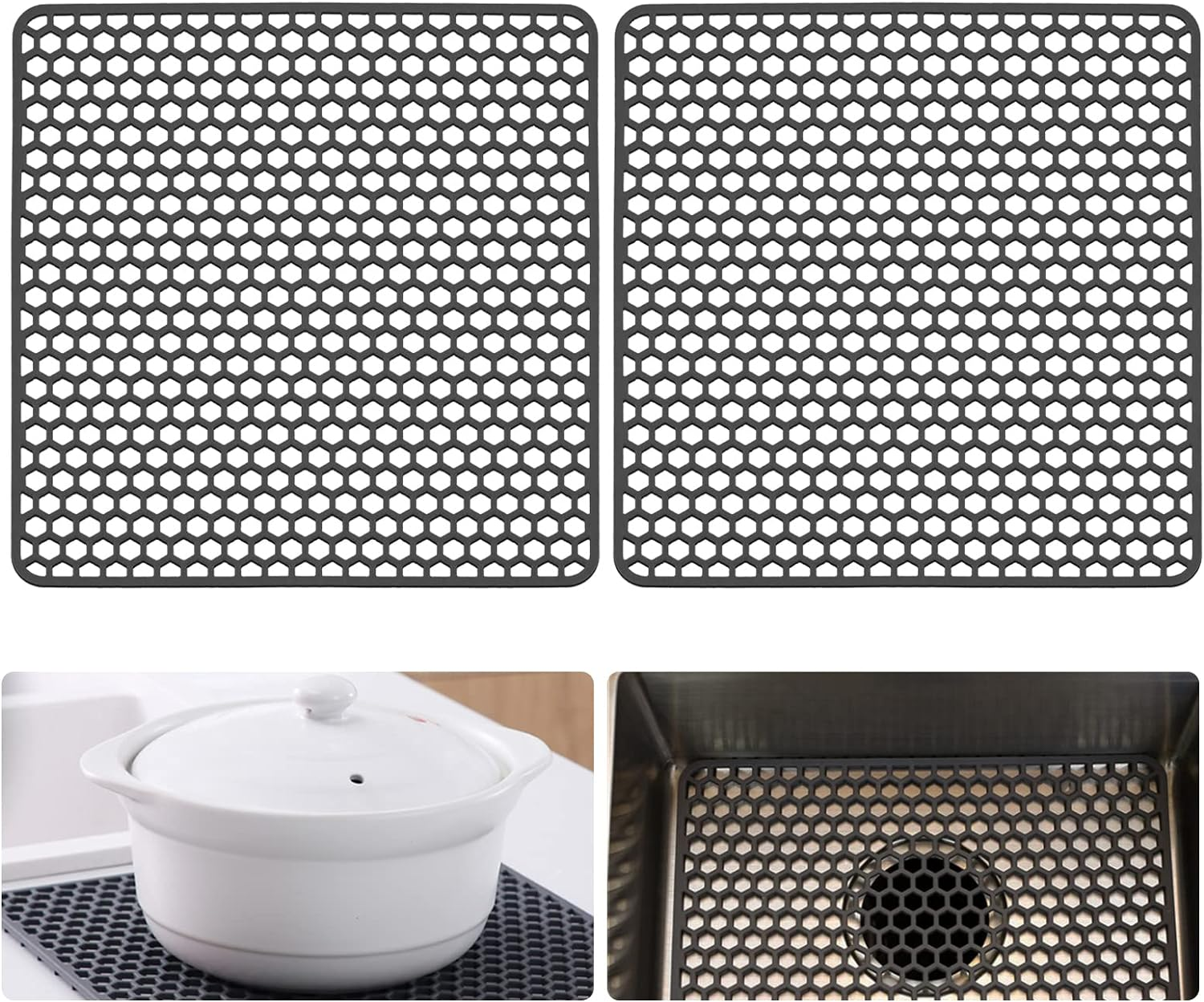 2 PCS Silicone Sink Protector, Kitchen Sink Mats Grid Accessory, Folding Heat Resistant Non-Slip Sink Mat for Bottom of Farmhouse Stainless Steel Porcelain Sink (Grey,12 ''X 12 '') image number 4
