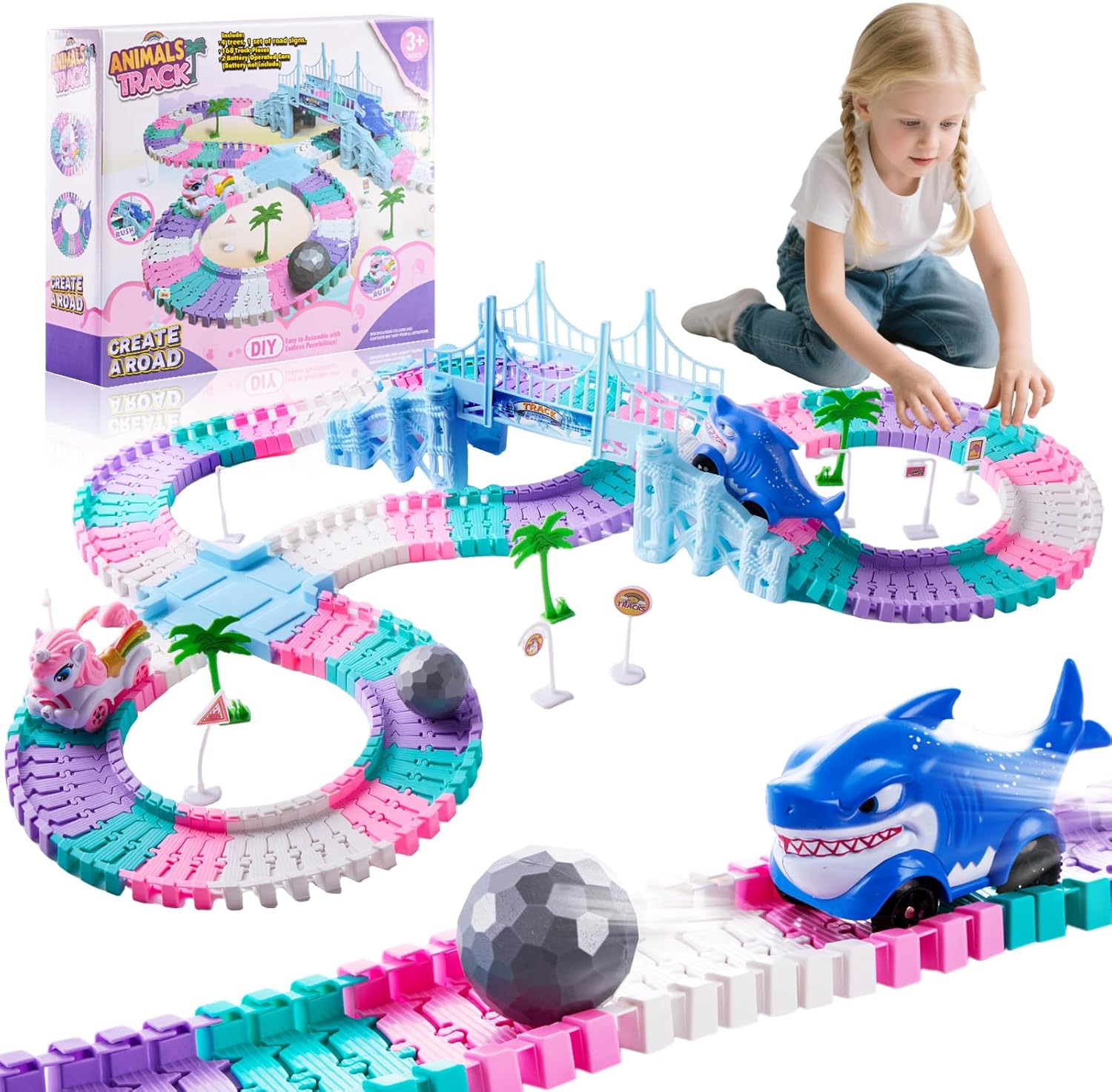 DIY Unicorn Track Toys 194 Pcs Shark Race Car Toys for Boys Girls 3 4 5 6 7 9 Year, Bendable Flexible Racetrack Cars with Shark & Ball, Unicorn Gifts for Girls, Presents for 3+ Year Old Kids image number 1