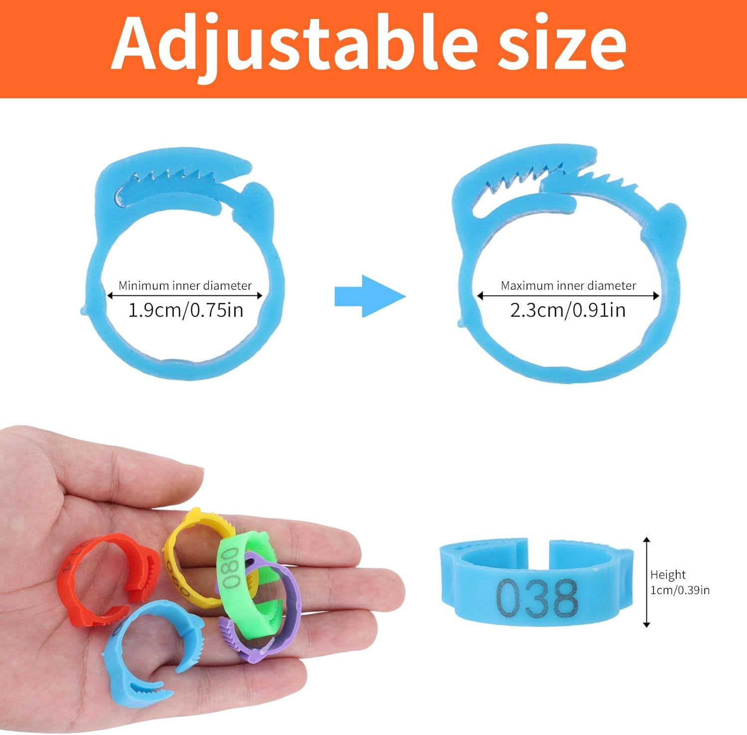 100Pcs Chicken Leg Bands, 5 Color Adjustable Poultry Leg Rings with Numbers 1-100 Chicken Identification Tag for Ducks Turkey Goose image number 3