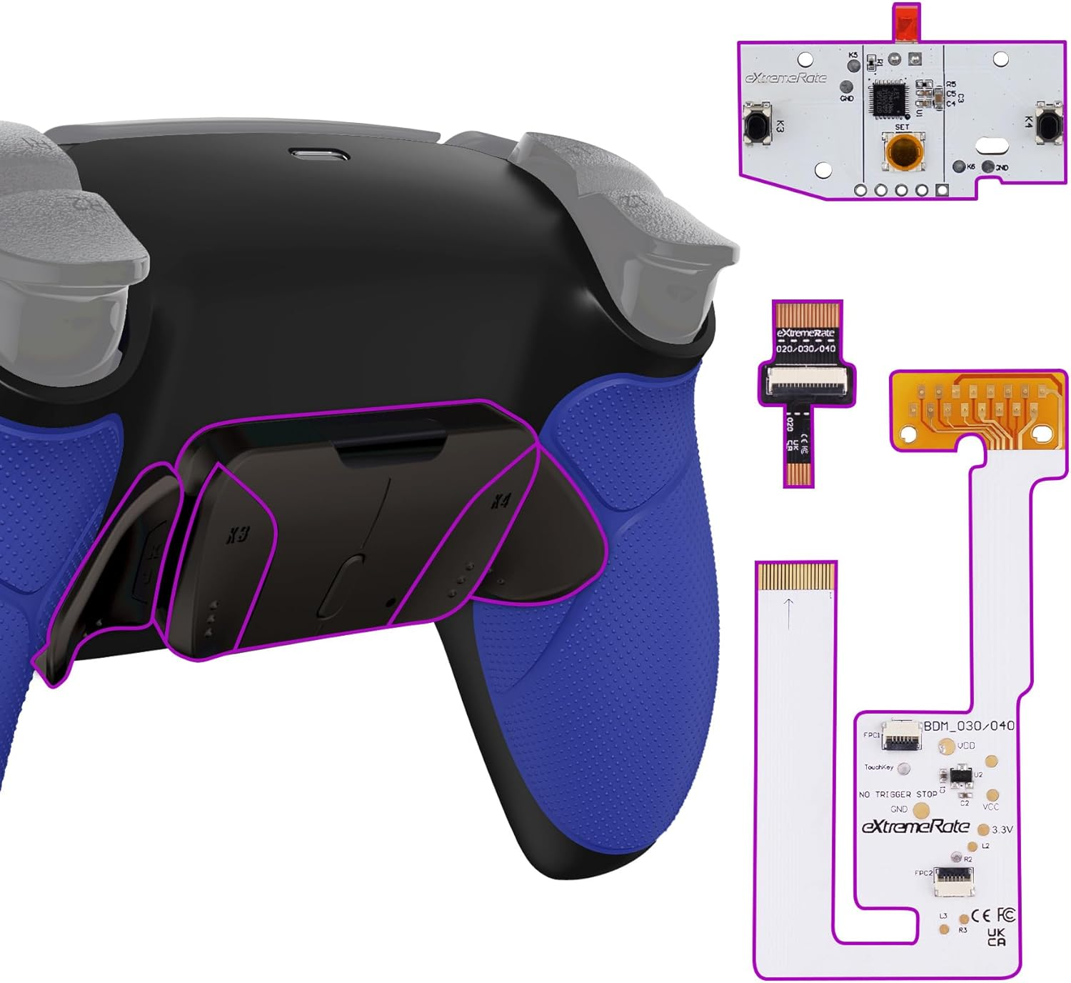 Extremerate Real Metal Buttons RMB RISE4 V3 Remap Kit for PS5 Controller BDM-030 040 050, Redesigned Blue Rubberized Grip Black Bottom Shell Upgrade Board 4 Back Paddles Attachment for PS5 Controller