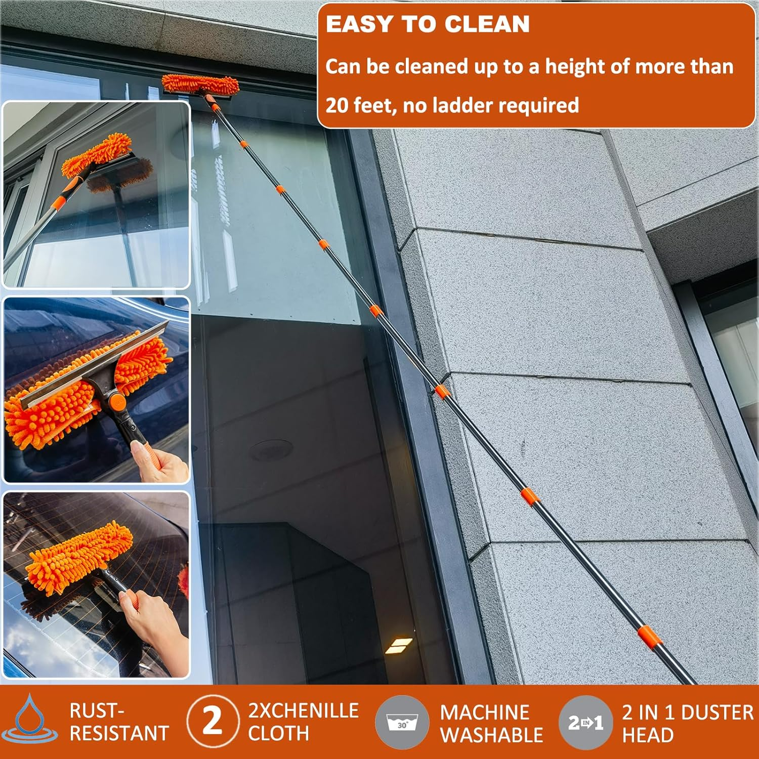 20+ Feet High Reach Duster Kit with 3-14 Ft Extension Pole // High Ceiling Dusting and Window Cleaning Kit with Spliceable Pole - Window Washer & Squeegee, Cobweb Duster, Fan Blade and Feather Dusters image number 2