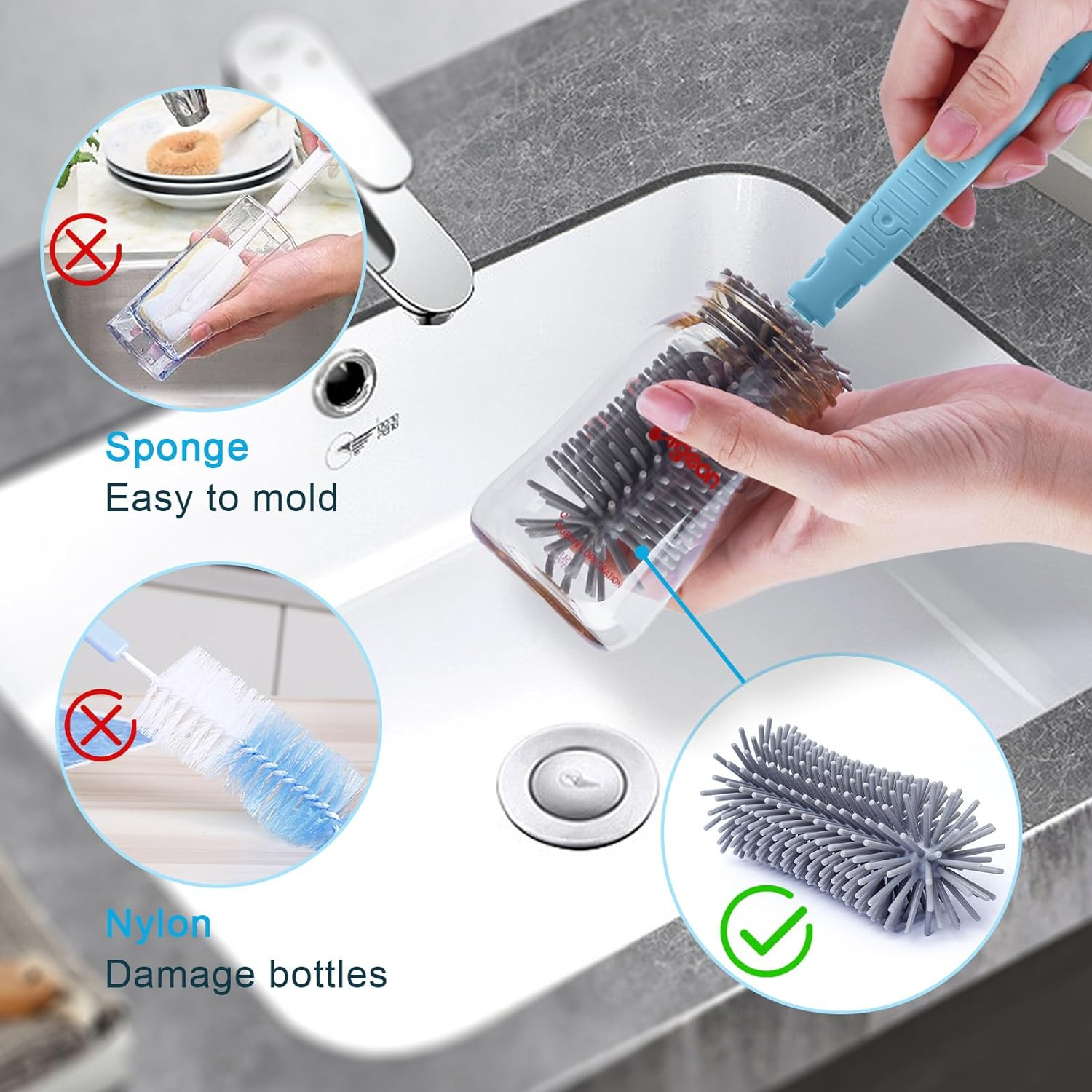 Travel Bottle Cleaner Kit, Baby Bottle Brush Set with Extendable Liquid Silicone Brush, Nipple Brush, Straw Brush, Drying Rack, Bottle Soap Dispenser, Baby Bottle Scrubber Brush for New Mom - Blue image number 3