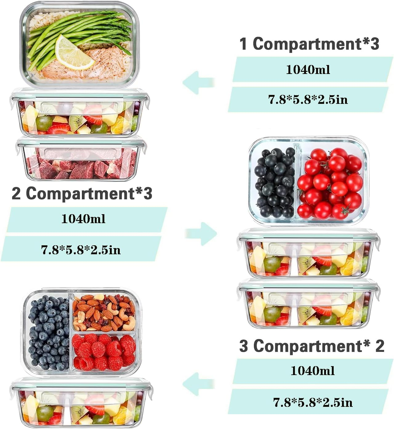 Glass Food Storage Containers, 8 Pack Airtight Glass Containers with Plastic Lids (1040Ml/35Oz), Lunch Box for Kitchen Storage & Organisation(1 Compartments*3, 2 Compartments*3, 3 Compartments*2) image number 1
