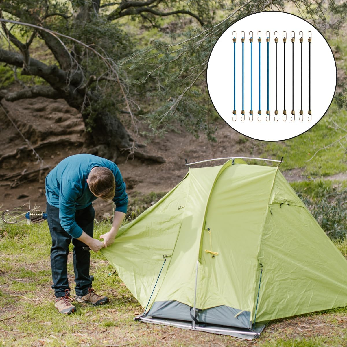 NILLOS Elastic Bungee Cords, 10 PCS Black and Blue Elastic Rope Rubber Strap with Metal Hooks for Bikes, Wire Racks, Tents, Luggage (About 27Cm/10.6In) image number 2