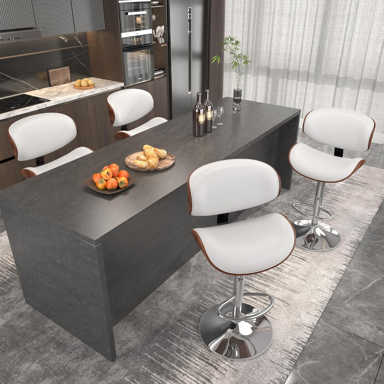 Bar Stools Set of 2, Bar Stools for Kitchen Island with Bentwood Back and Leather Seat, Swivel Barstools for Kitchen Counter, Bar, White image number 6