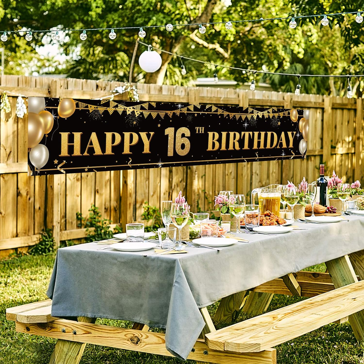 Large Happy 16Th Birthday Decoration Banner, Black and Gold Happy 16Th Birthday Banner Sign, 16Th Birthday Party Decorations Supplies(9.8X1.6Ft) image number 3