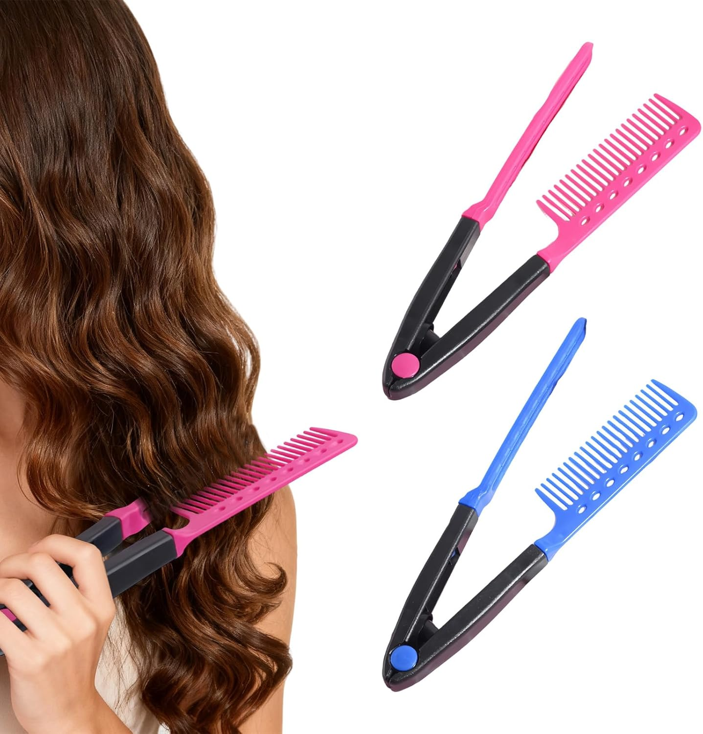 Tzylomirx 2 Pcs Straightening Comb Hair Styling Comb, Flat Straightening Iron Comb for DIY Salon Styling, V-Shaped Straight Comb (2 Colors)