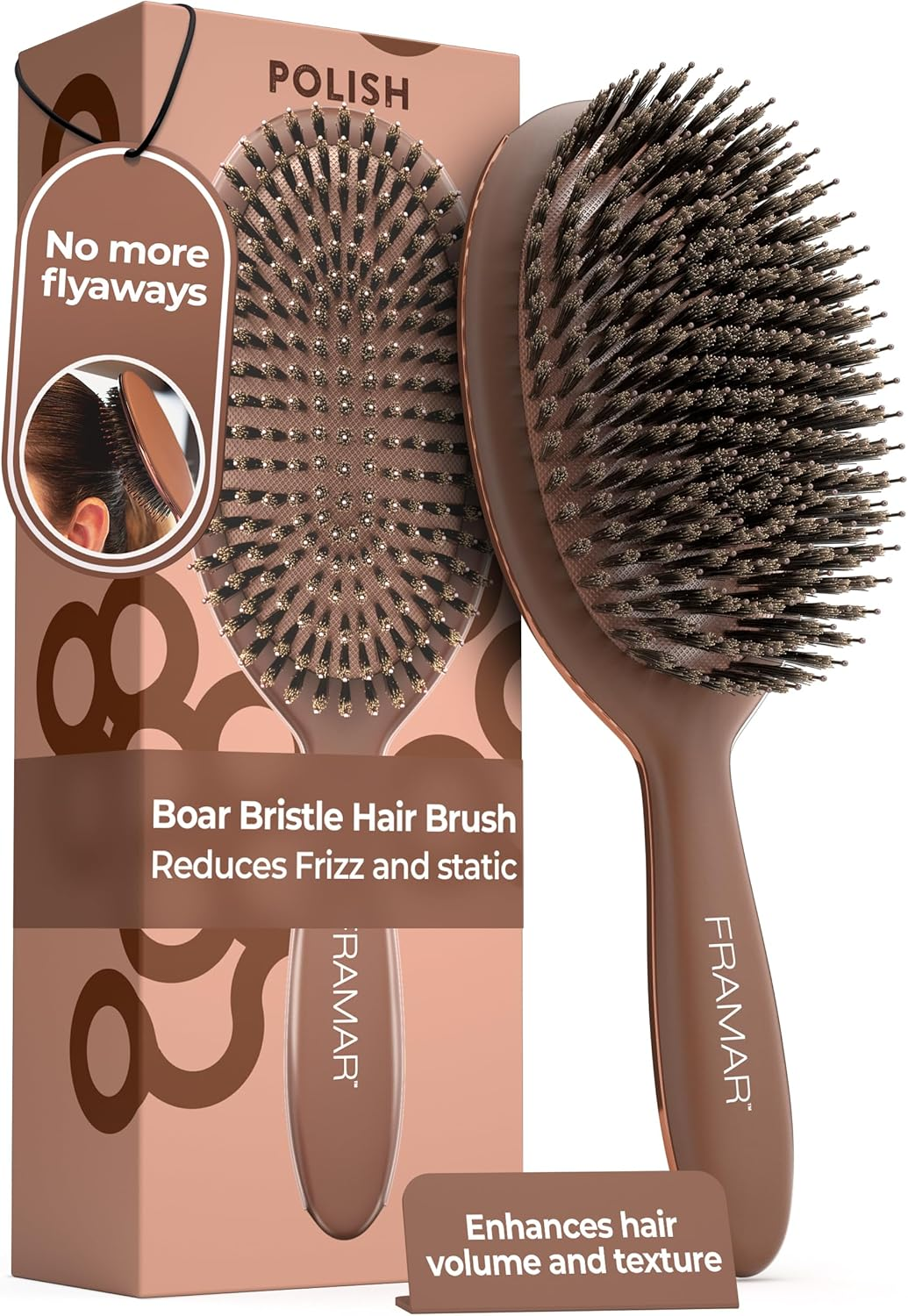 FRAMAR Boar Bristle Hair Brush &ndash; Slick Back Hair Brush for Women, Boar Bristle Brush, Slick Back Brush, Hairbrush Women, Brosse a Cheveux, Boar Brush for Volume and Shine &ndash; Espresso Martini