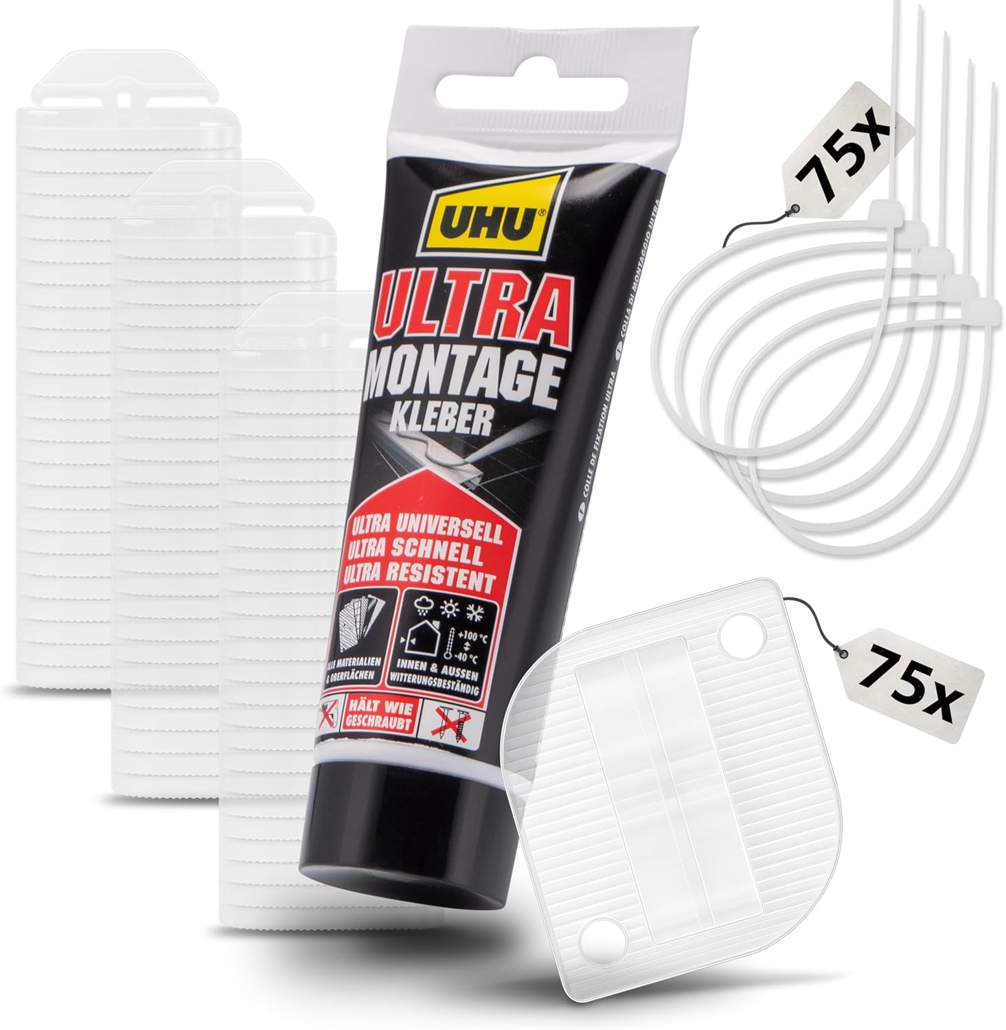 Finopet 75 X Adhesive Hooks and 100 Ml Mounting Adhesive and 75 X Cable Ties, Cat Net Attachment, Adhesive Hooks, Cat Net for Balcony, No Drilling, Cable Holder, Self-Adhesive, Cable Clips